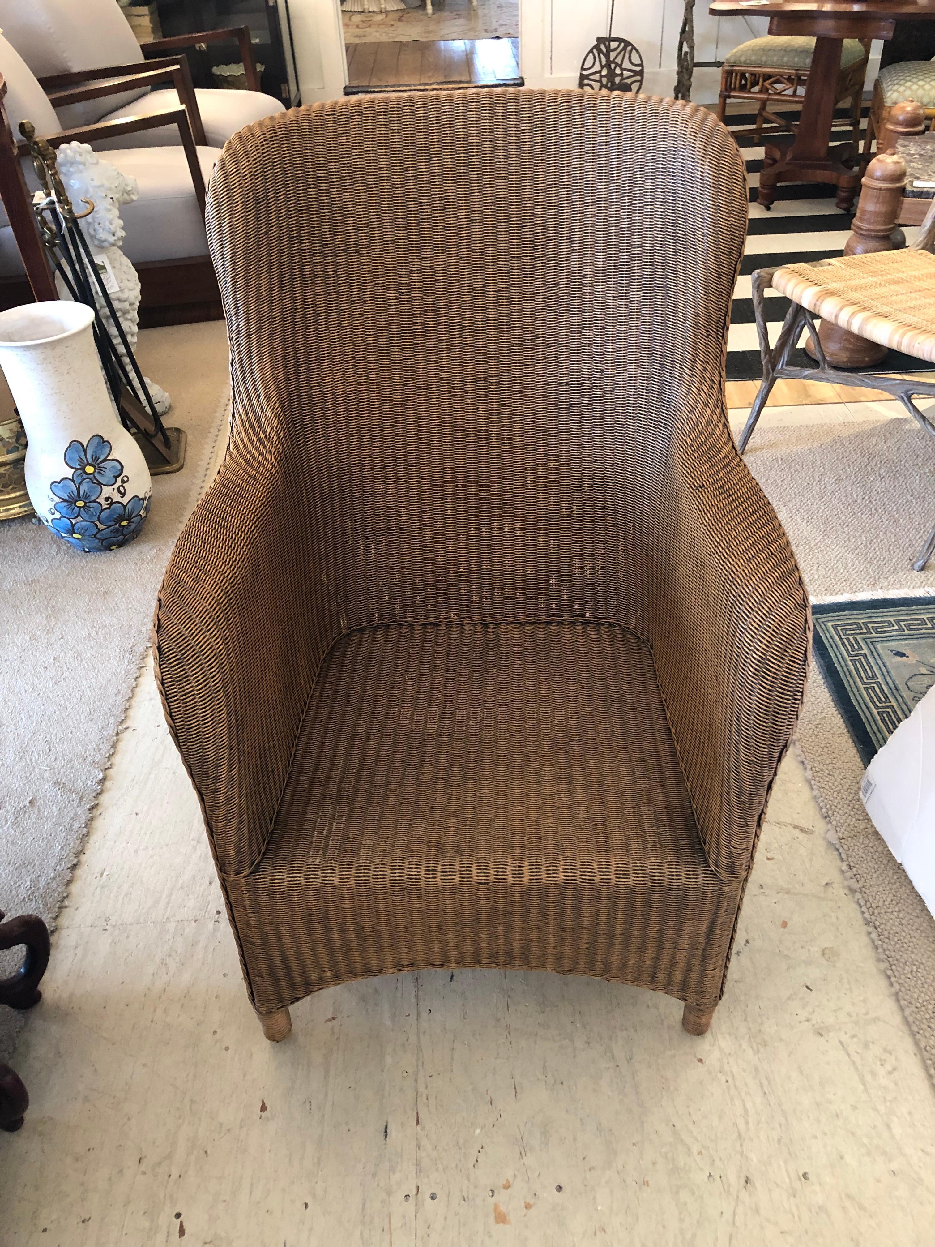 Sensational Pair of Large Curvy Natural Brown Wicker Lounge Club Chairs For Sale 9