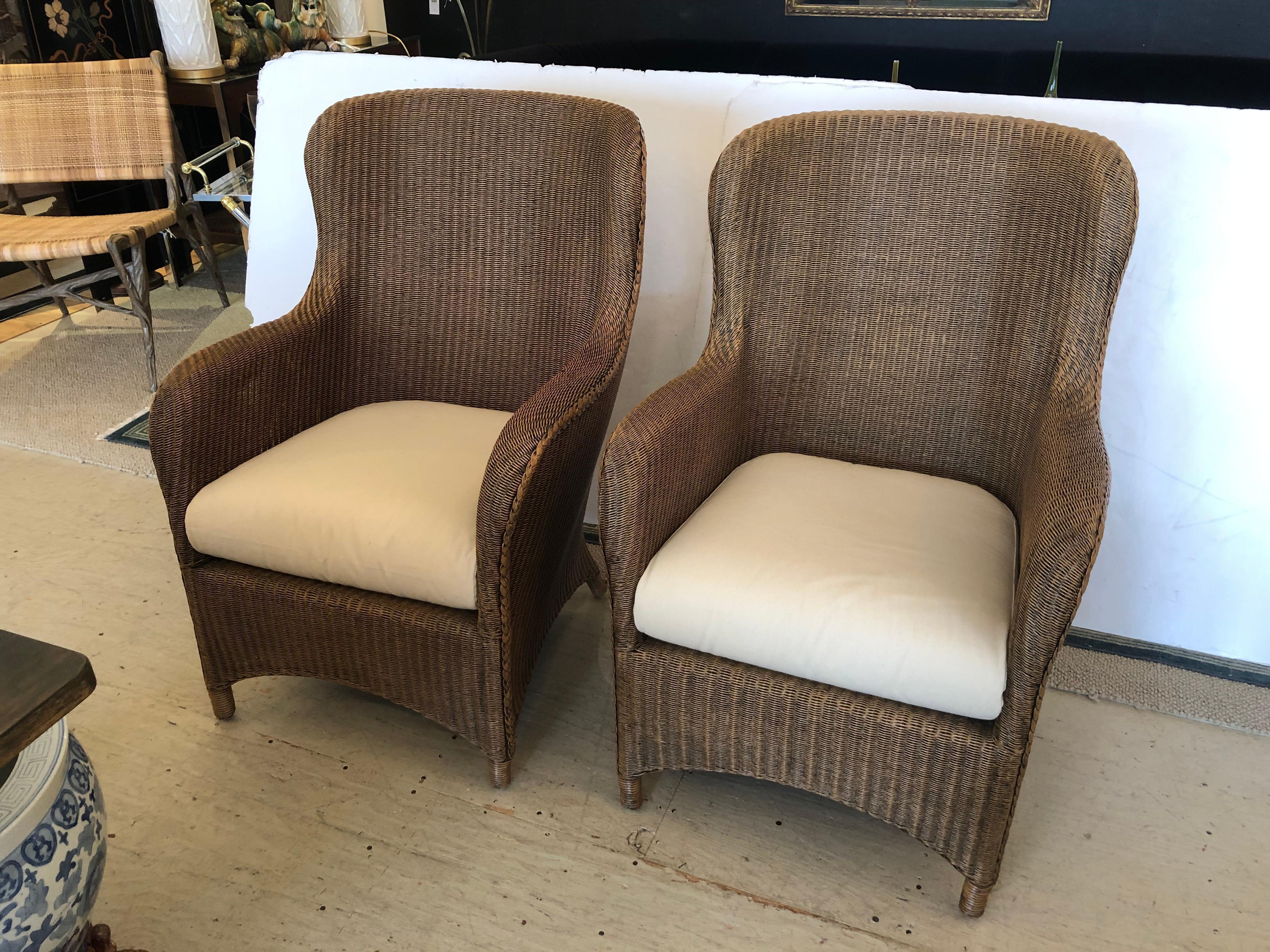 Late 20th Century Sensational Pair of Large Curvy Natural Brown Wicker Lounge Club Chairs For Sale