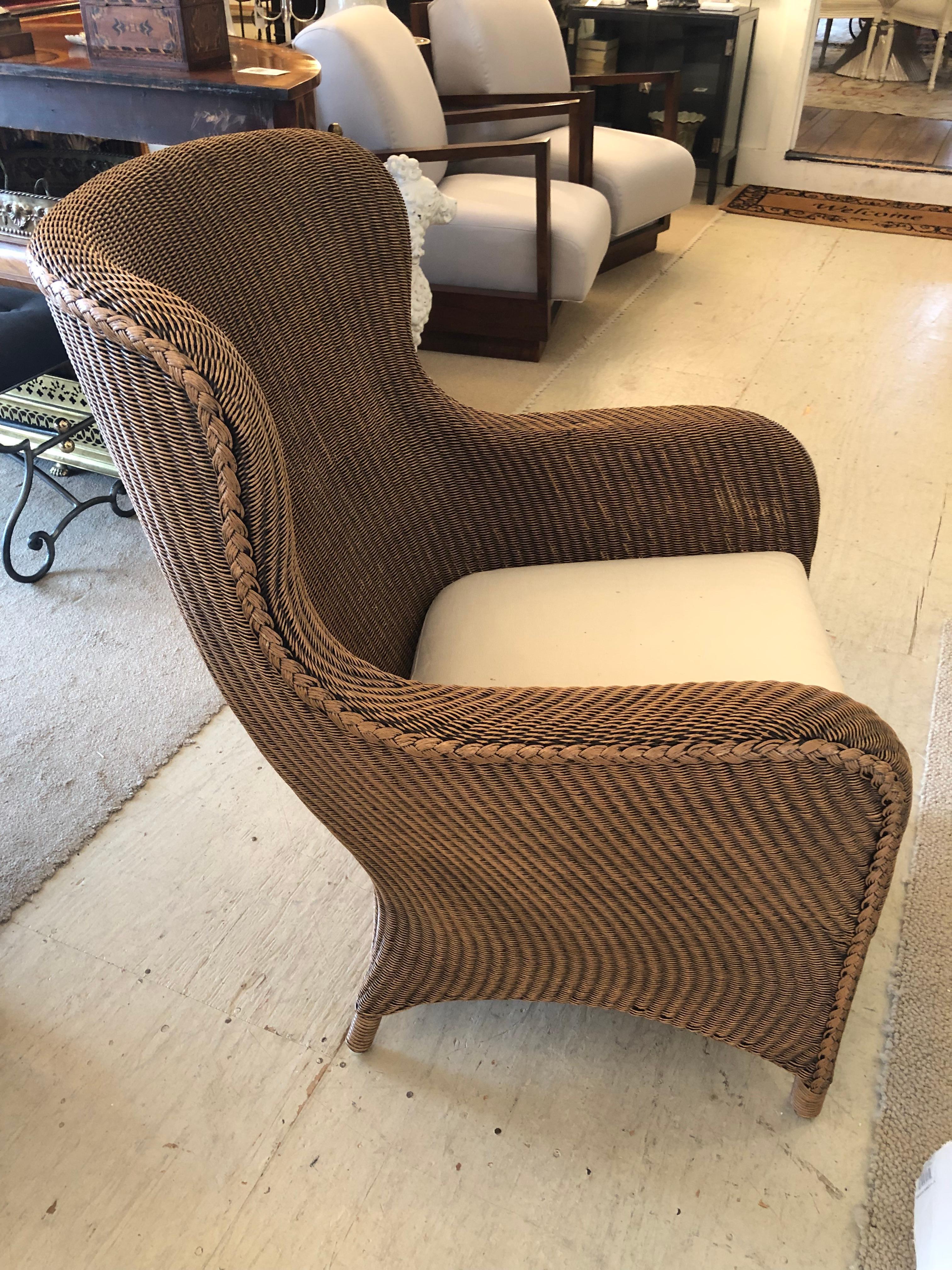 Sensational Pair of Large Curvy Natural Brown Wicker Lounge Club Chairs For Sale 1