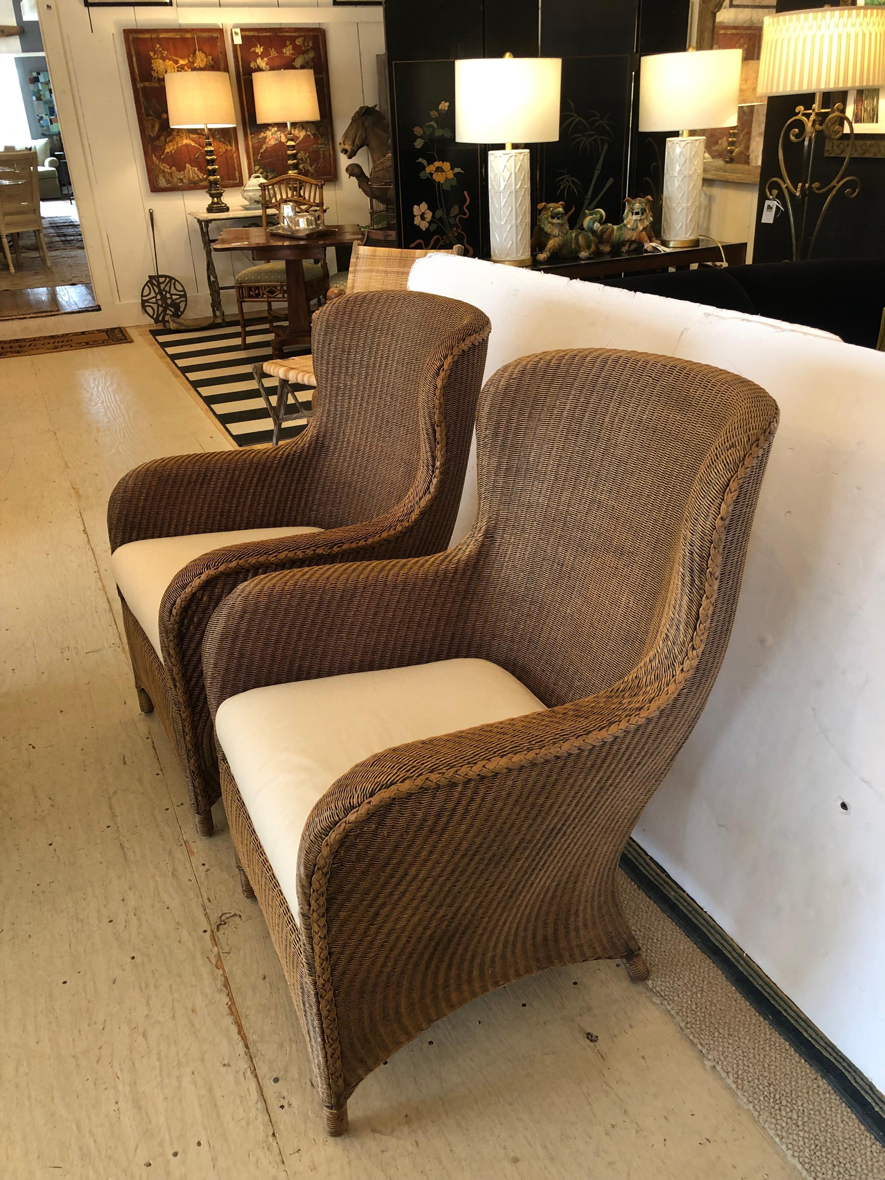 Sensational Pair of Large Curvy Natural Brown Wicker Lounge Club Chairs For Sale 3
