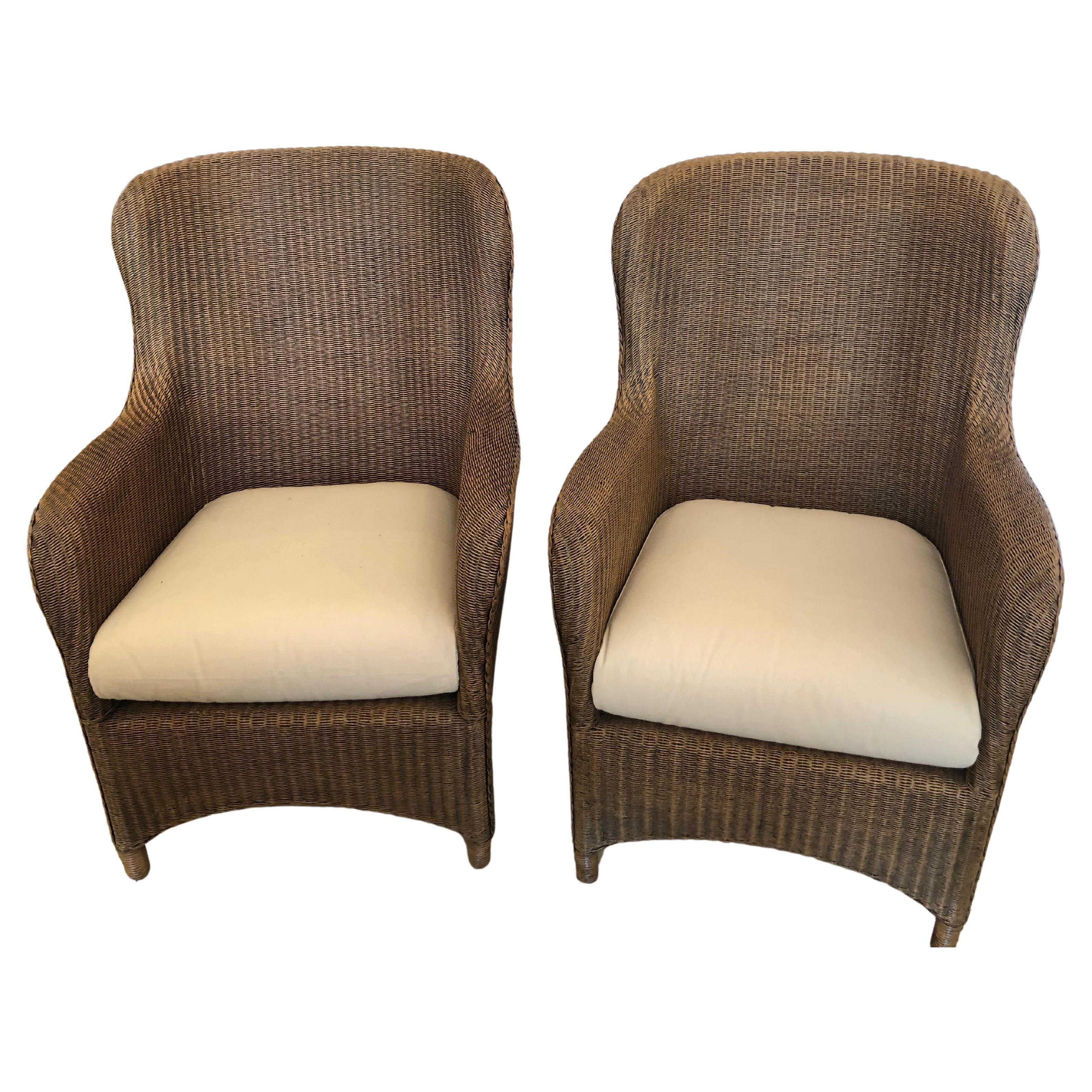 Sensational Pair of Large Curvy Natural Brown Wicker Lounge Club Chairs For Sale