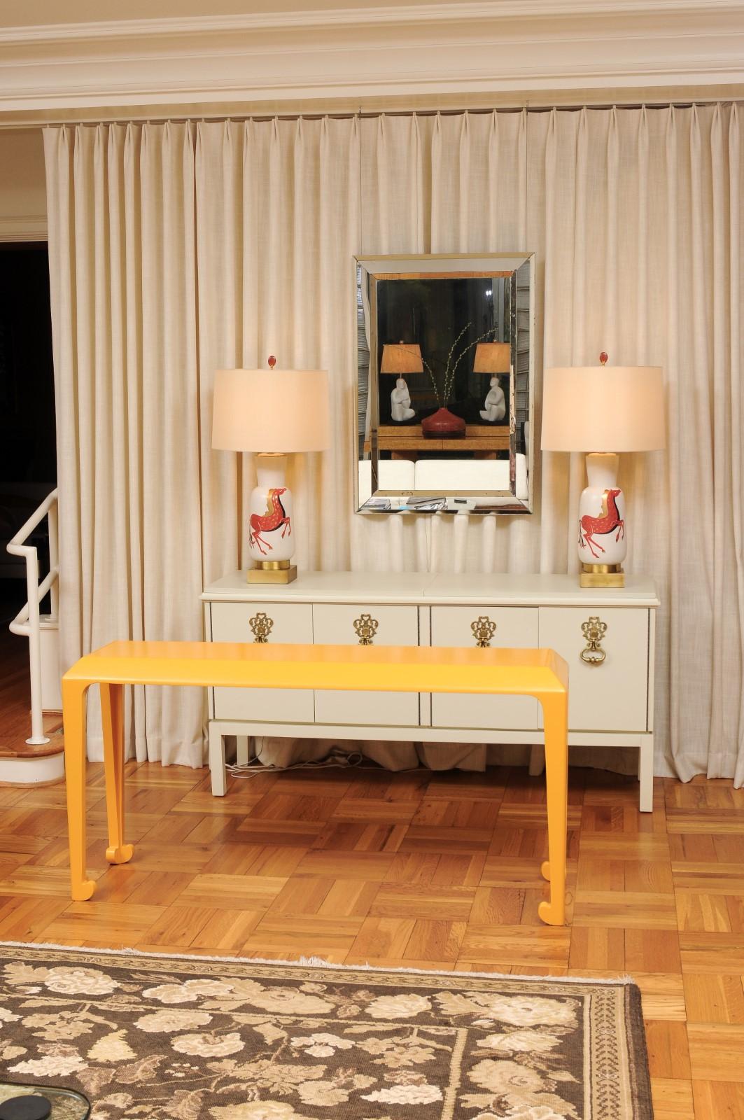 Organic Modern Sensational Pair of Mahogany Altar Consoles in Marigold Lacquer by Baker, c 1975 For Sale