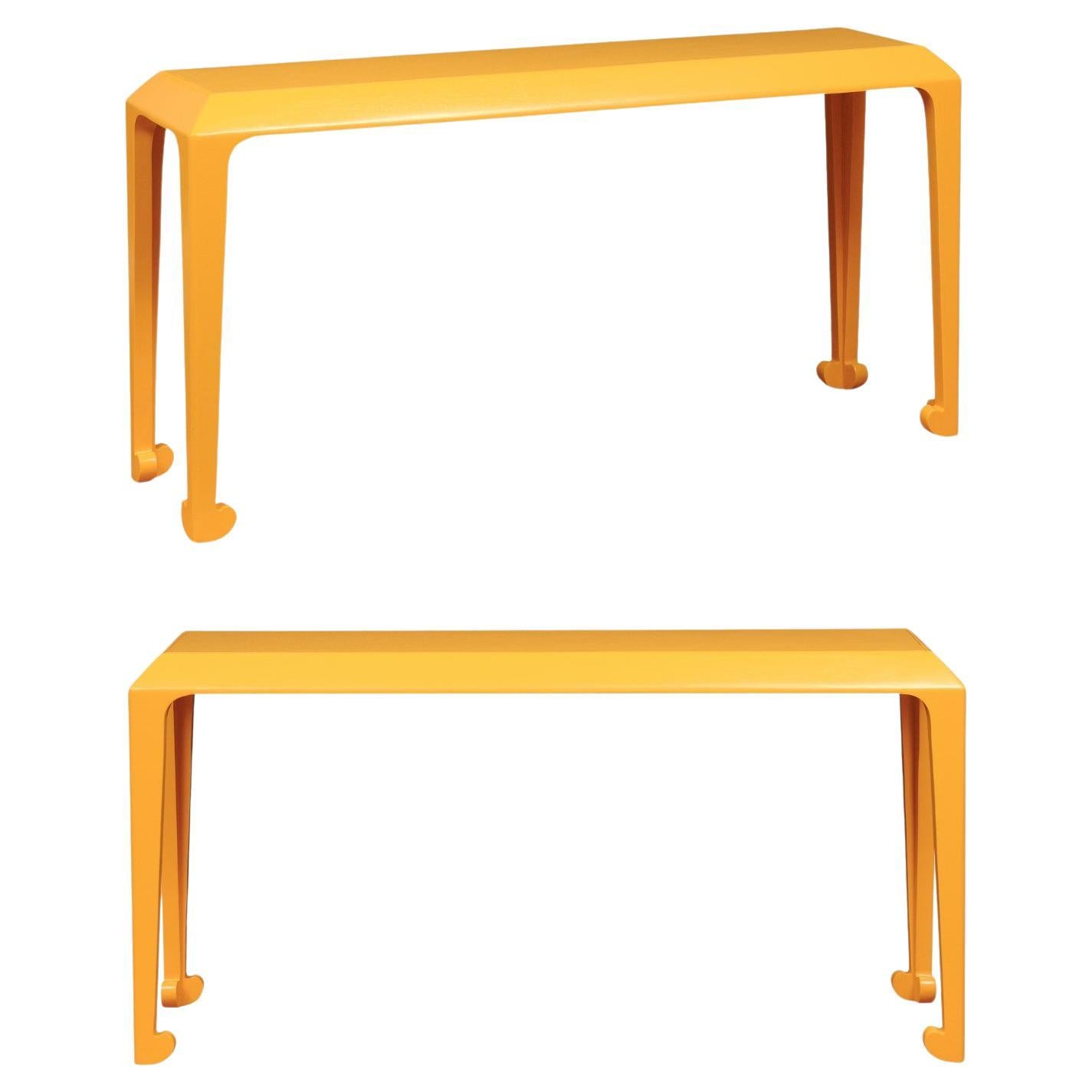 Sensational Pair of Mahogany Altar Consoles in Marigold Lacquer by Baker, c 1975