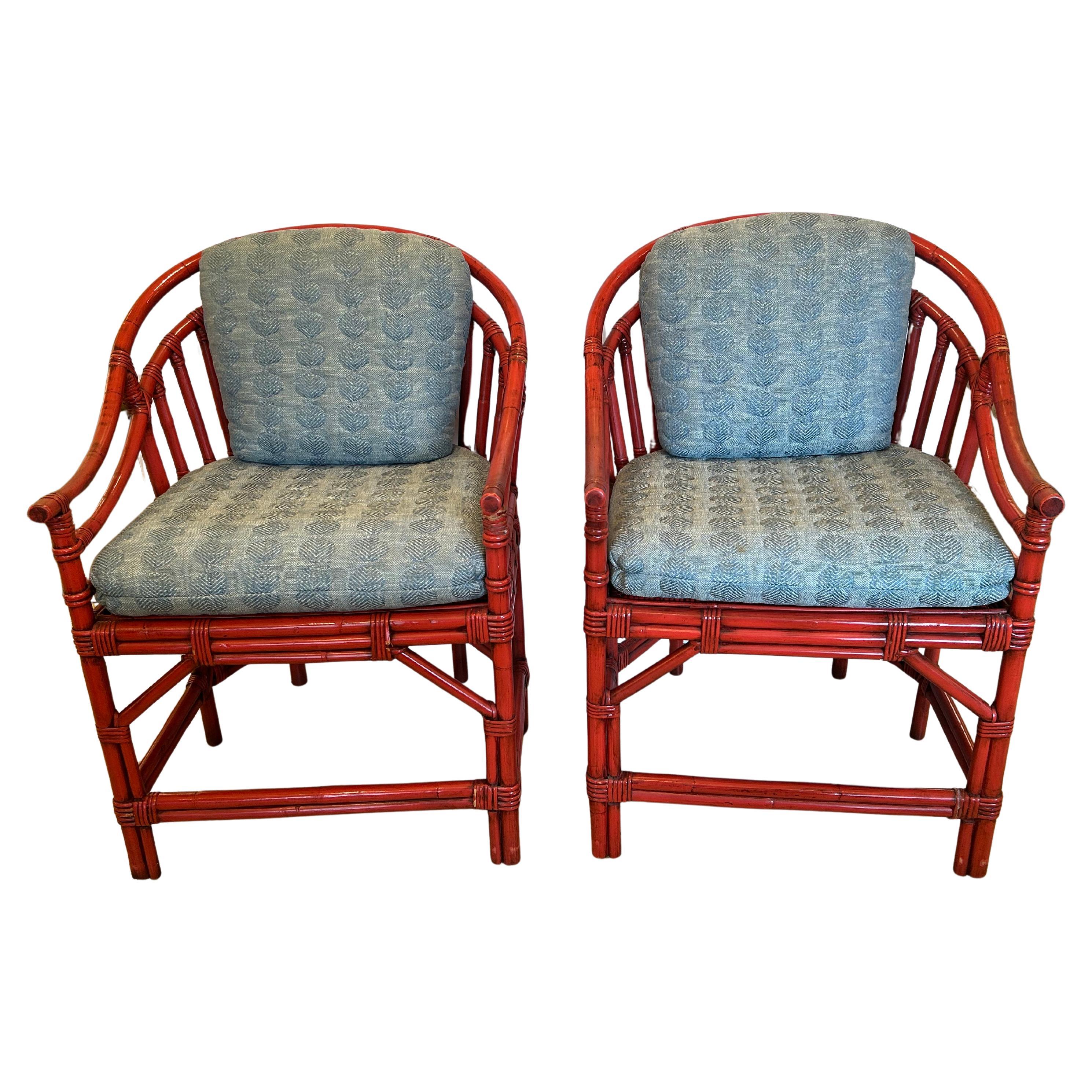 Sensational Pair of Red Coral Bamboo & Rattan Club Chairs with Custom Cushions