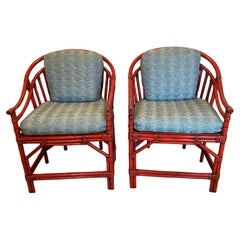 Sensational Pair of Red Coral Bamboo & Rattan Club Chairs with Custom Cushions