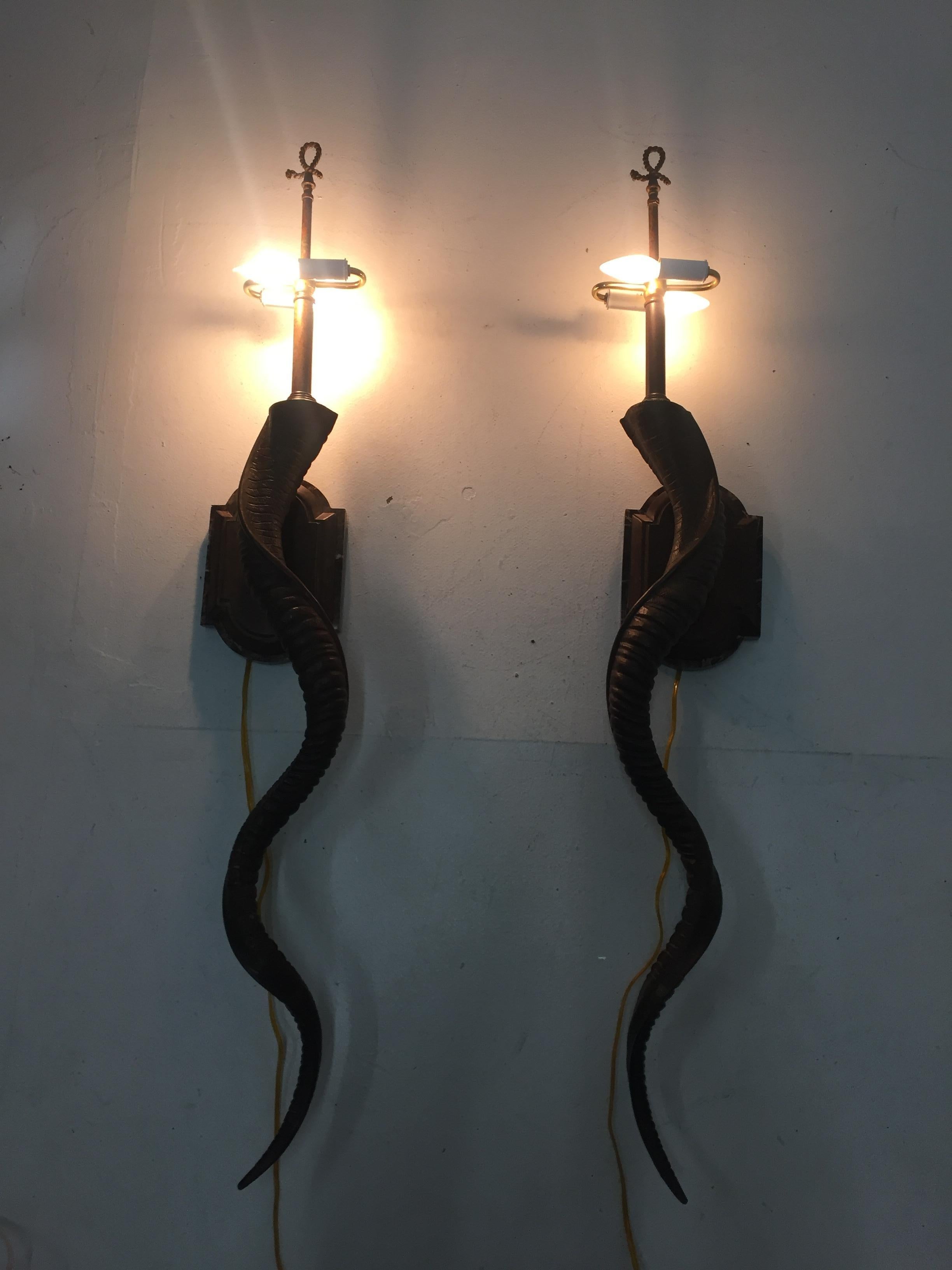 Sensational Pair of Very Tall Elongated Faux Horn Wall Sconces For Sale 2