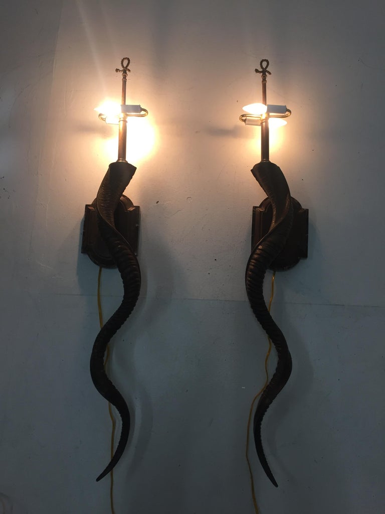 Sensational Pair of Very Tall Elongated Faux Horn Wall Sconces For Sale