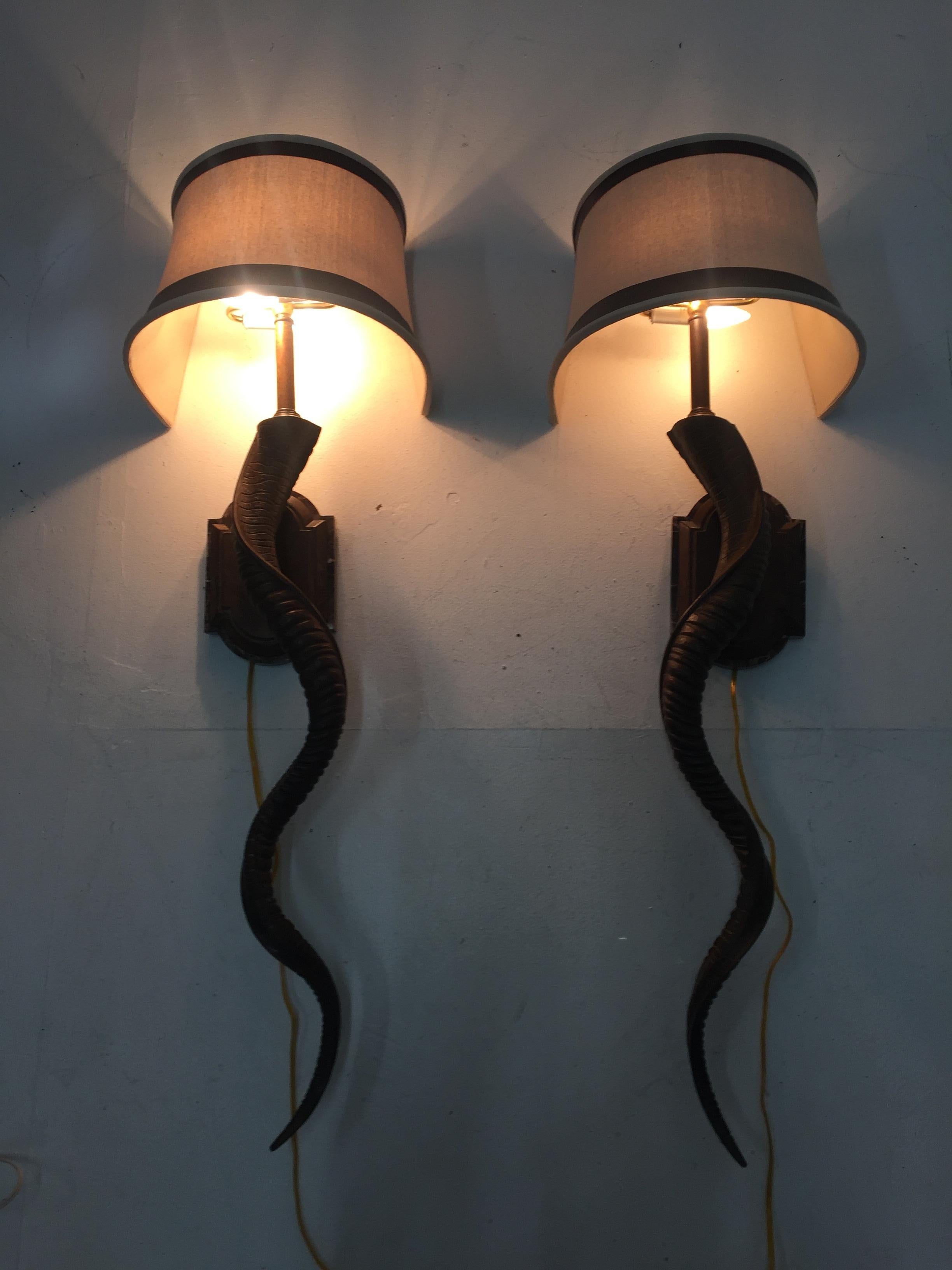 Sensational Pair of Very Tall Elongated Faux Horn Wall Sconces For Sale 3