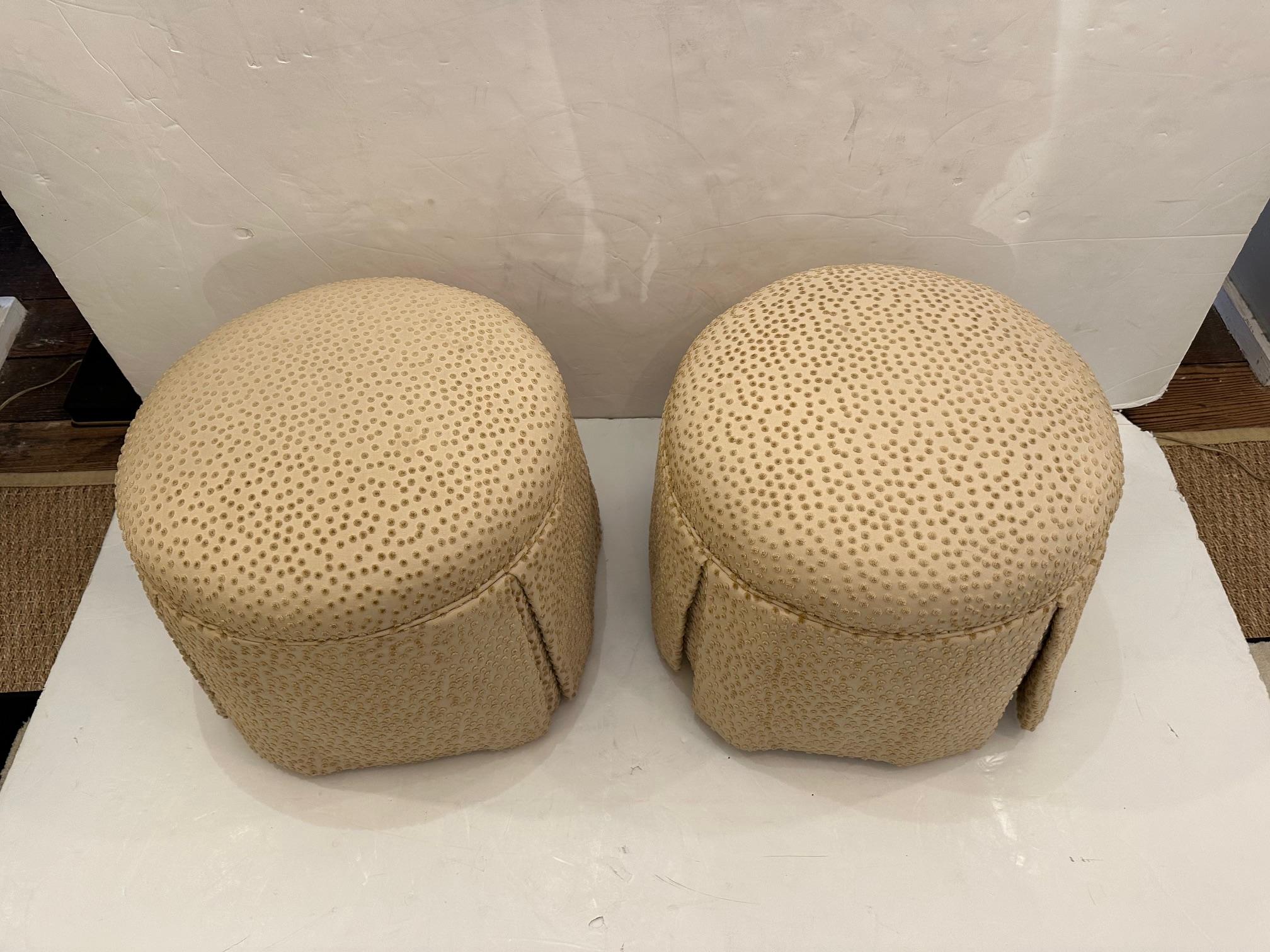 Sensational Pair of Vintage Round Upholstered Poufs on Casters In Good Condition In Hopewell, NJ