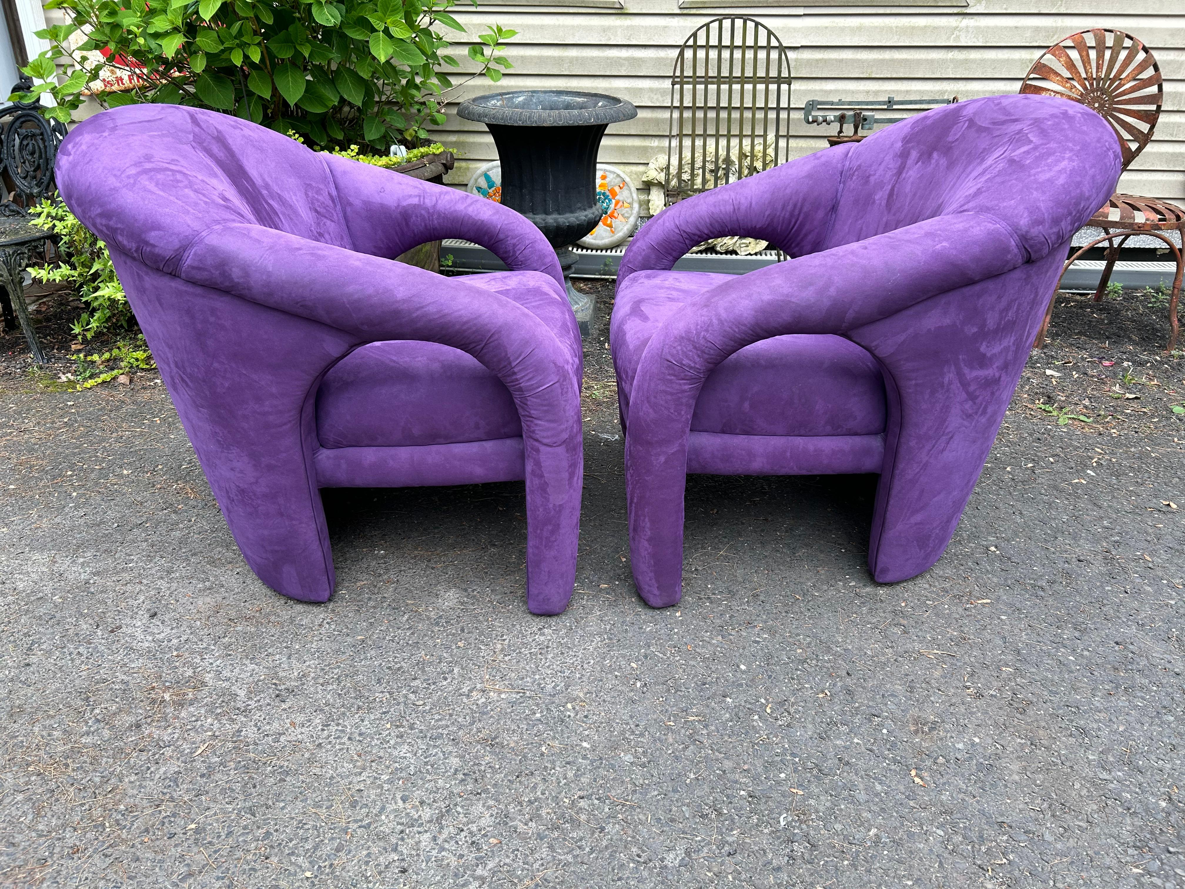 Sensational pair Vladimir Kagan sculptural Elephant Chairs.  This pair retains their original purple ultra-suede with some signs of wear-cleaning recommended.  They measure 31