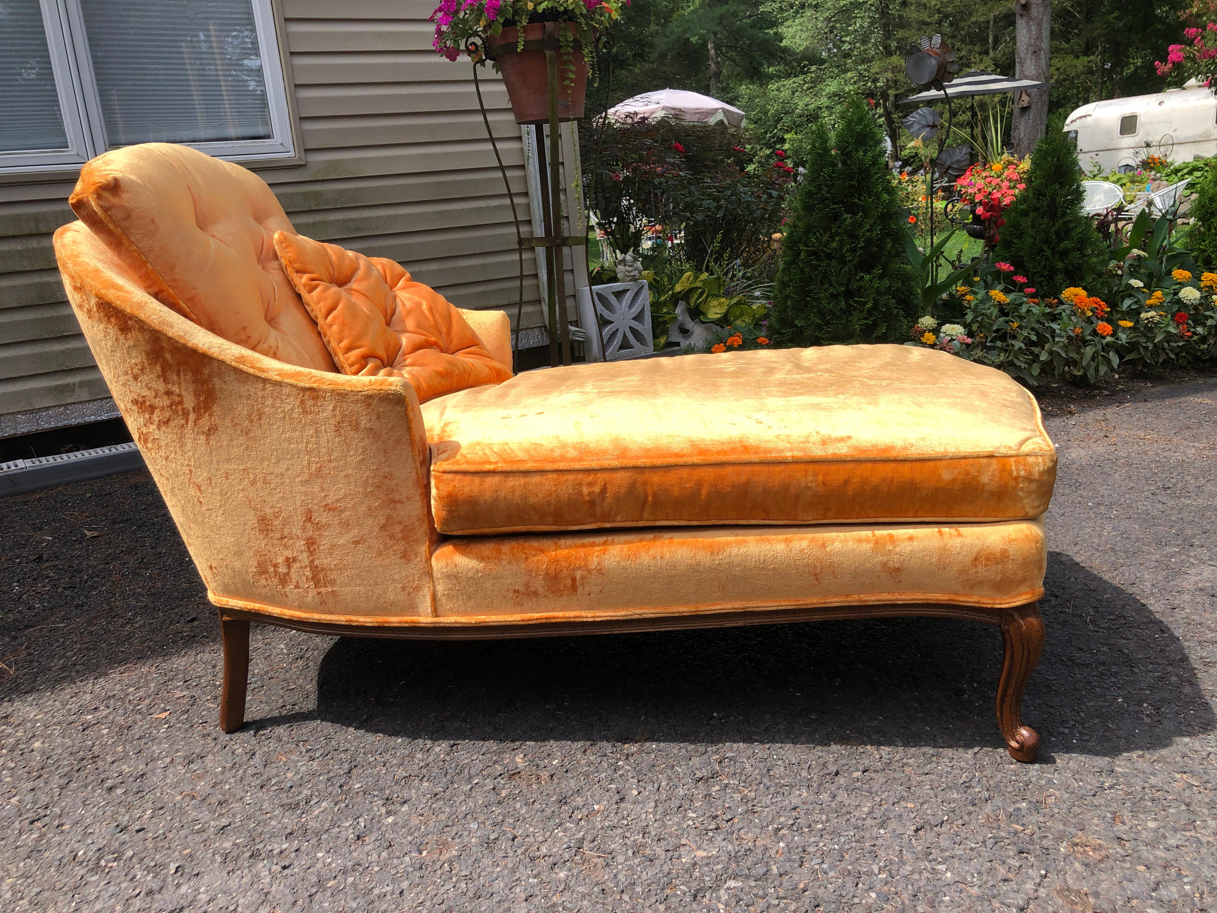 Sensational petite French Provincial upholstered Chaise Lounge.  We just love the original heavy apricot orange velvet in clean vintage condition.  Measurements: 32