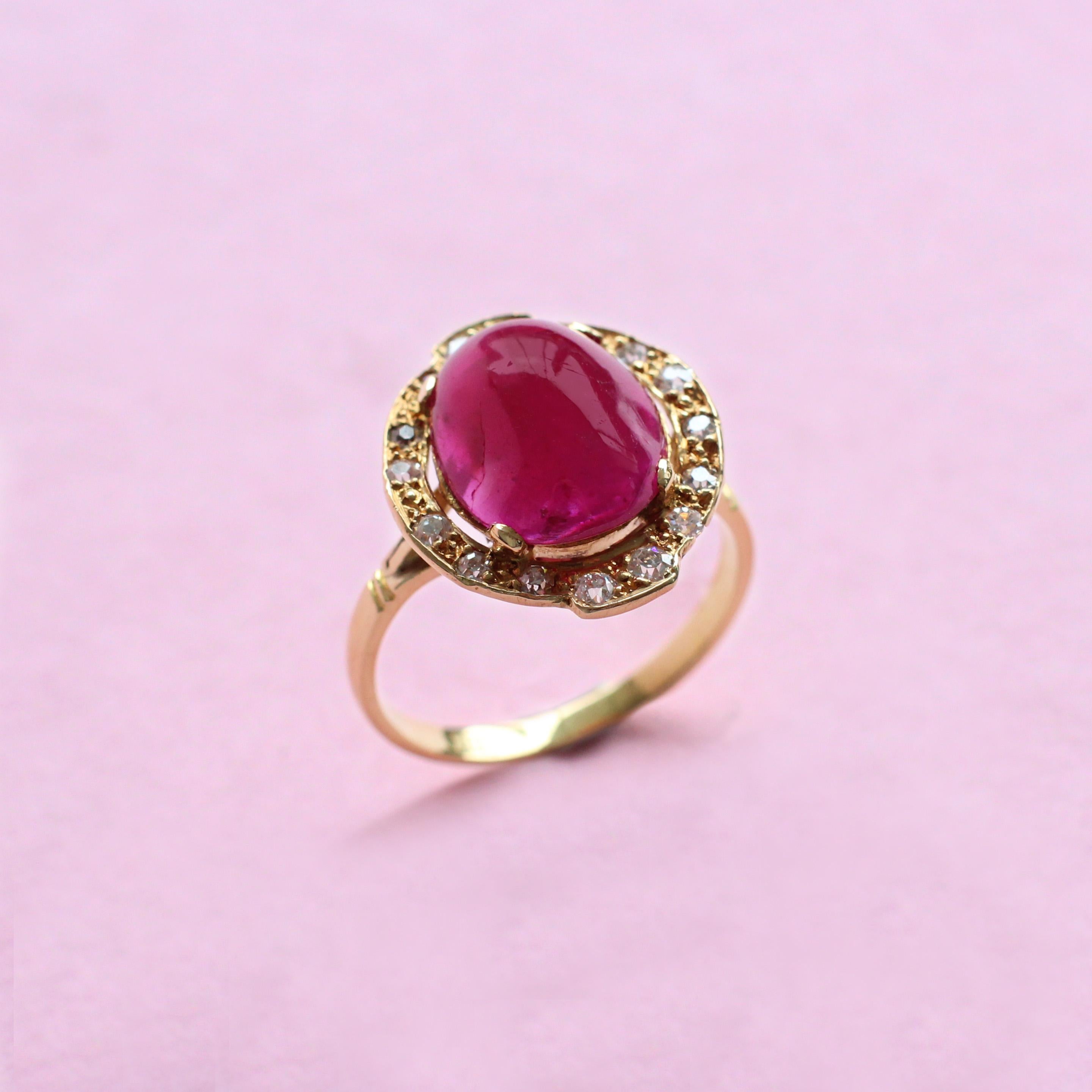 Edwardian 4.76 Carats Ruby Ring with White Diamond Halo For Sale