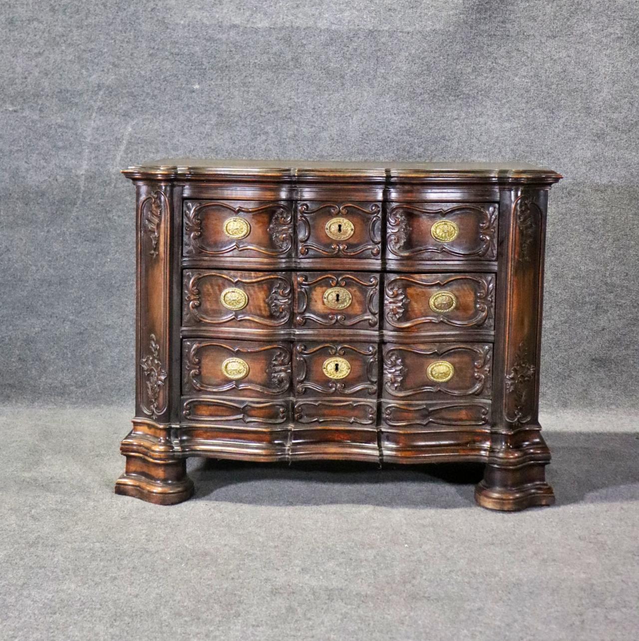 Louis XV Sensational Portuguese Style Carved Walnut and Brass Commode Chest of Drawers For Sale