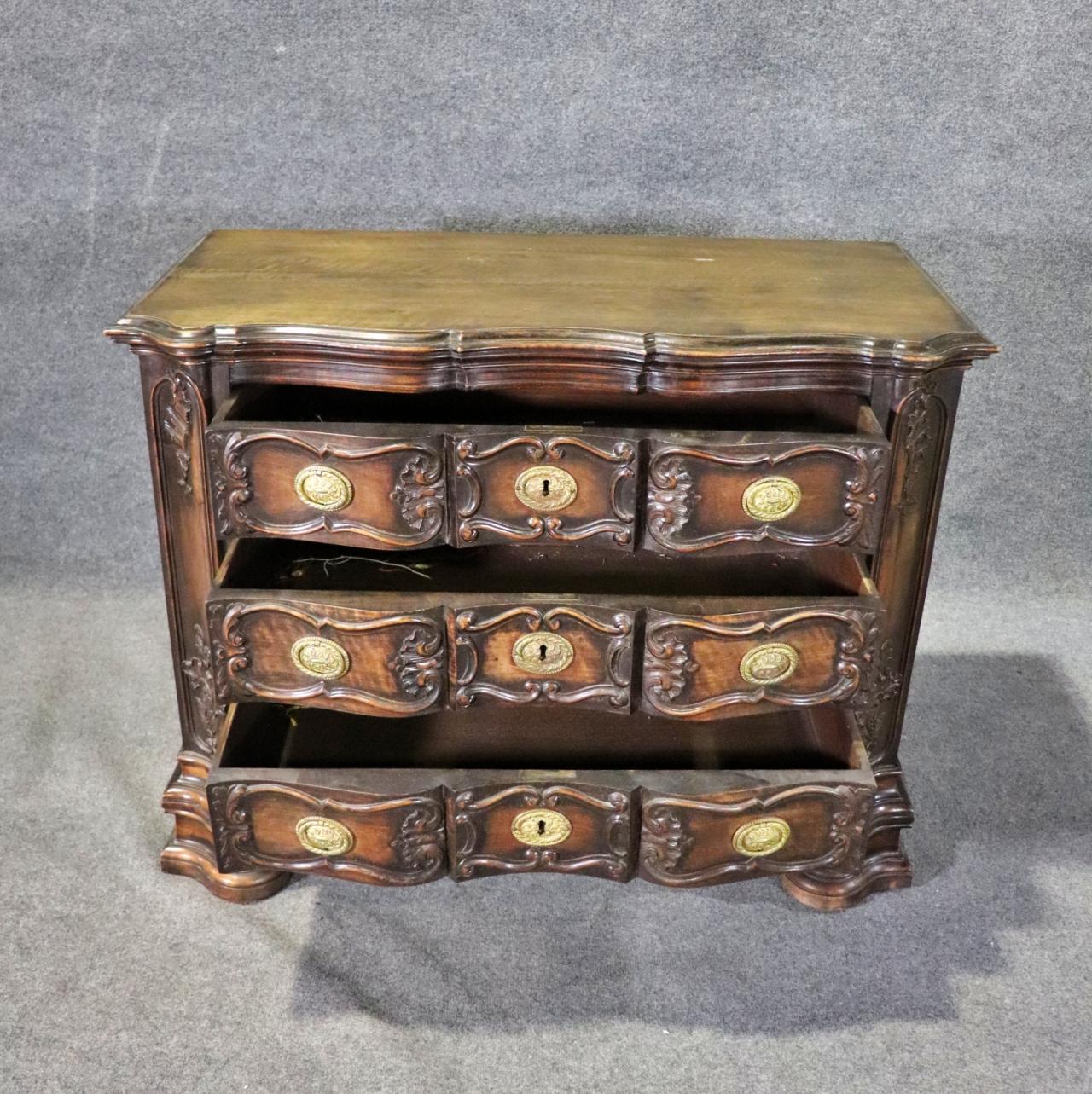 Sensational Portuguese Style Carved Walnut and Brass Commode Chest of Drawers For Sale 1