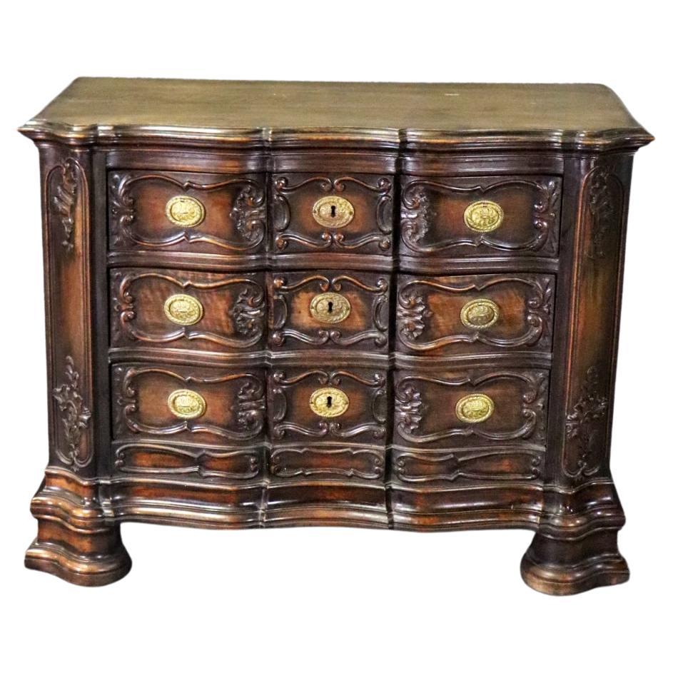 Sensational Portuguese Style Carved Walnut and Brass Commode Chest of Drawers For Sale