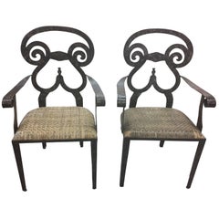 Sensational Sculptural Pair of Hand-Forged Iron and Rattan Armchairs