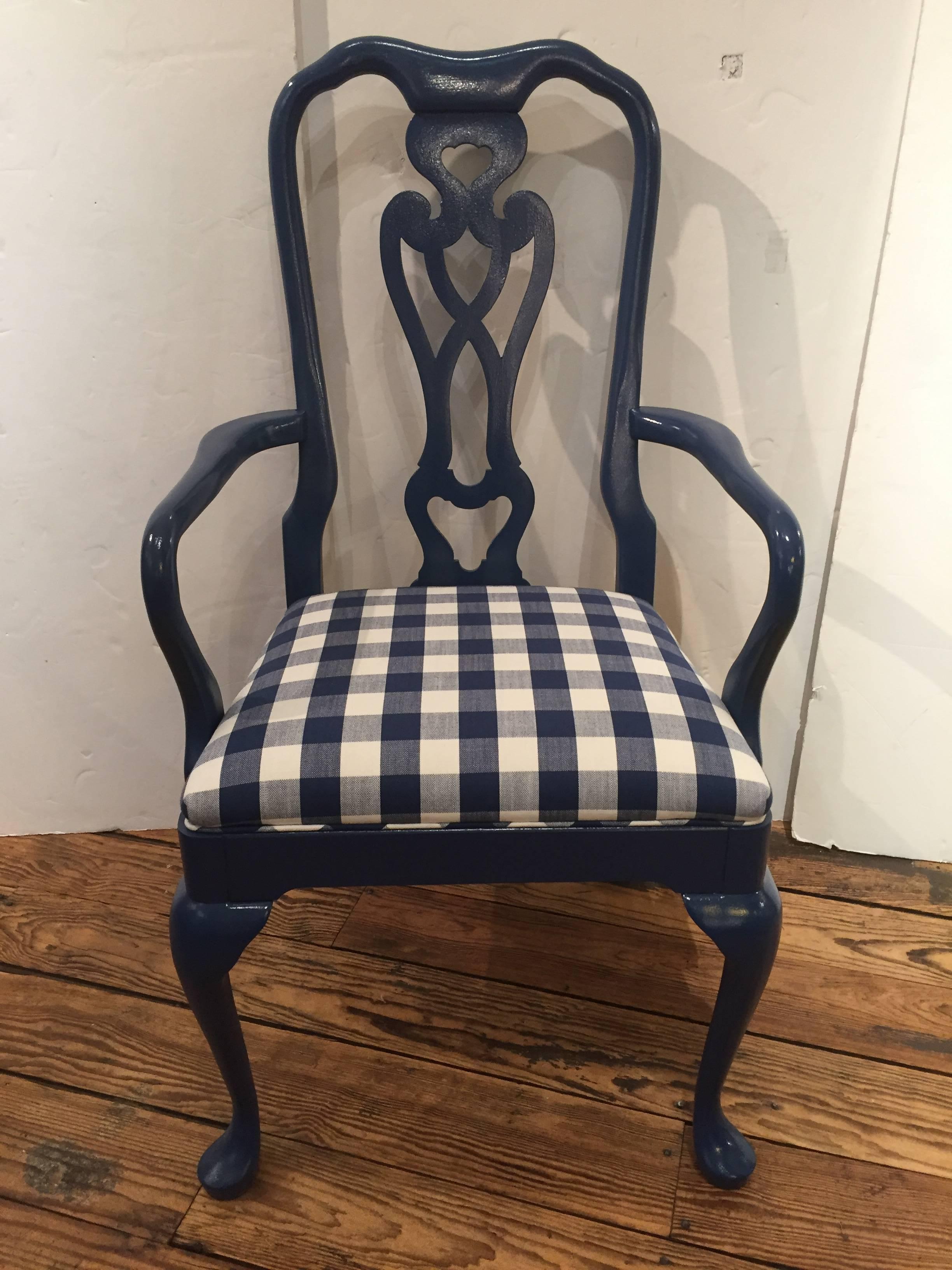 Classically styled set of six dining chairs including two arm and four side chairs, contemporized with Farrow and Ball Hague blue lacquered paint and seats upholstered in fresh blue and white checked Pierre Frey Gingham.

Measure: Armchair width