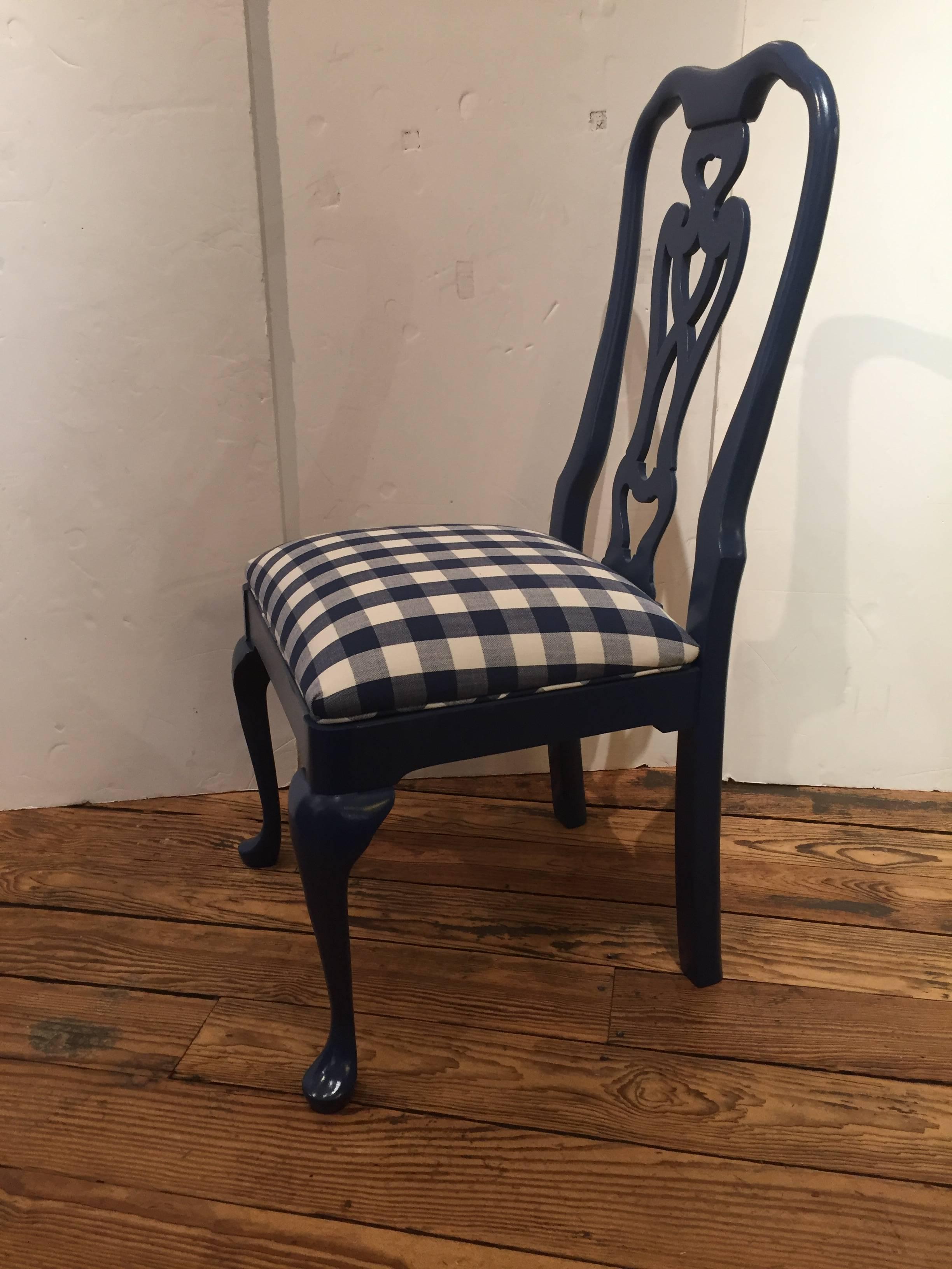 American Sensational Set of Six Lacquered and Gingham Upholstered Dining Chairs
