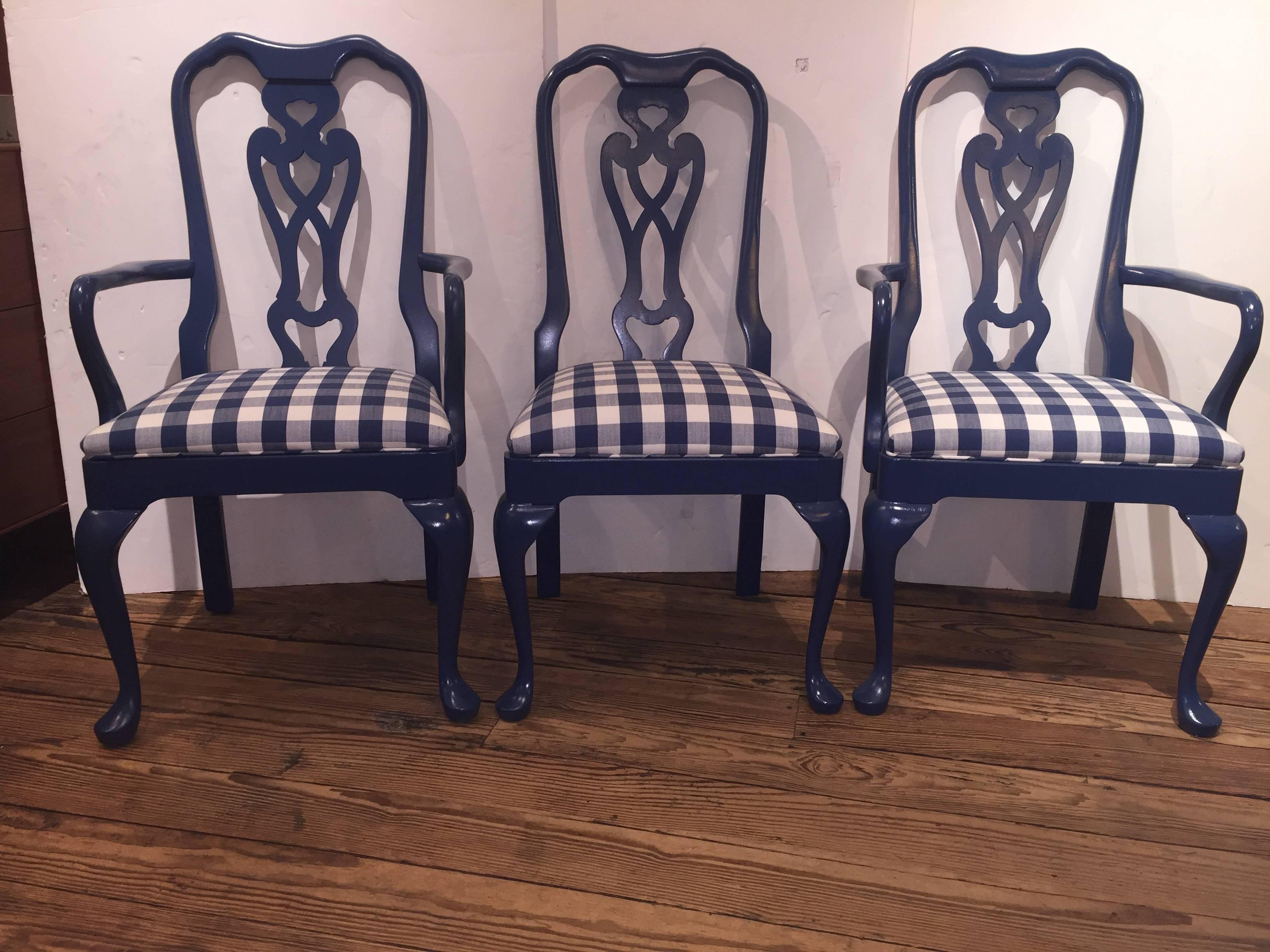 Sensational Set of Six Lacquered and Gingham Upholstered Dining Chairs In Excellent Condition In Hopewell, NJ