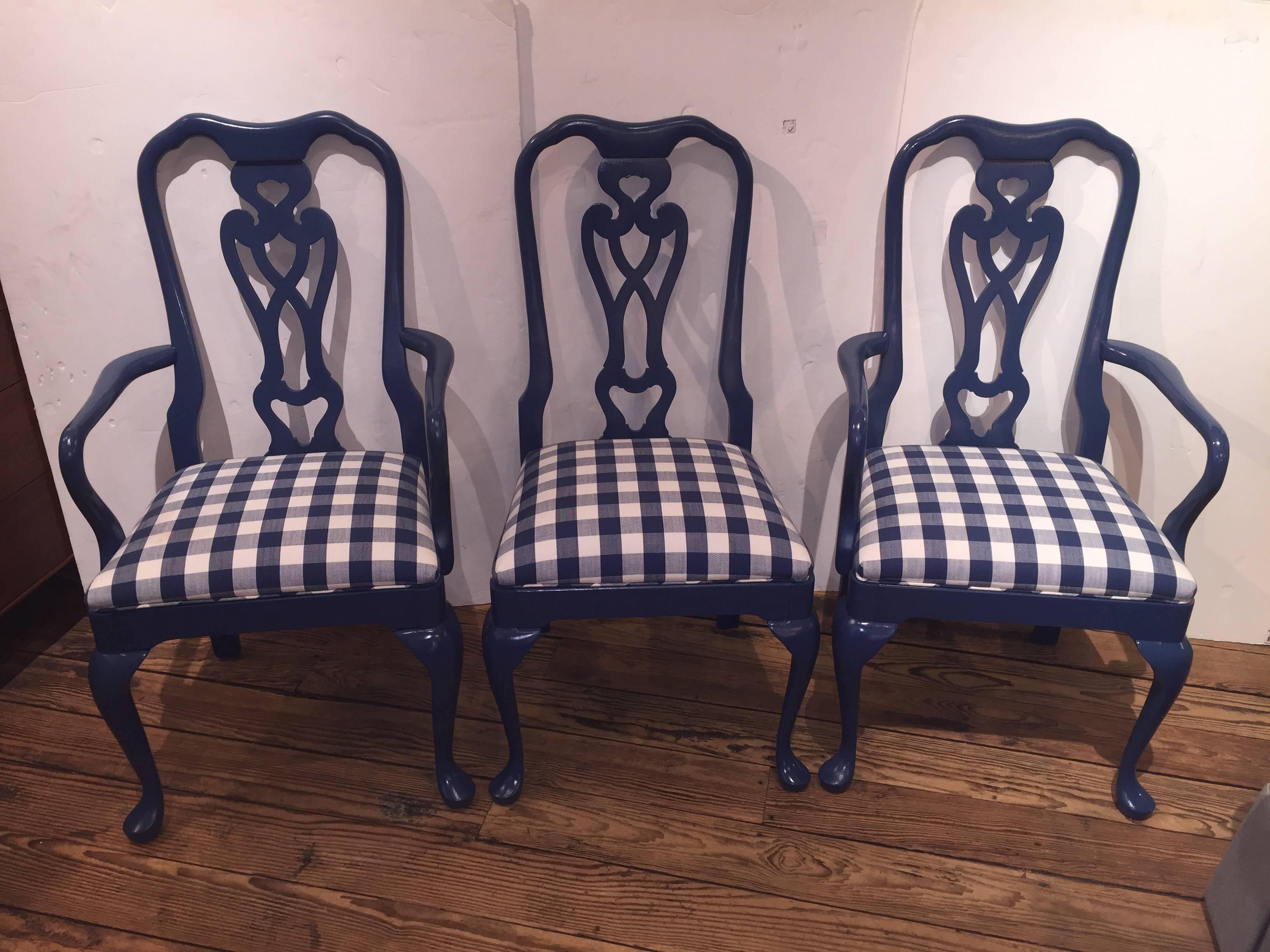 Late 20th Century Sensational Set of Six Lacquered and Gingham Upholstered Dining Chairs