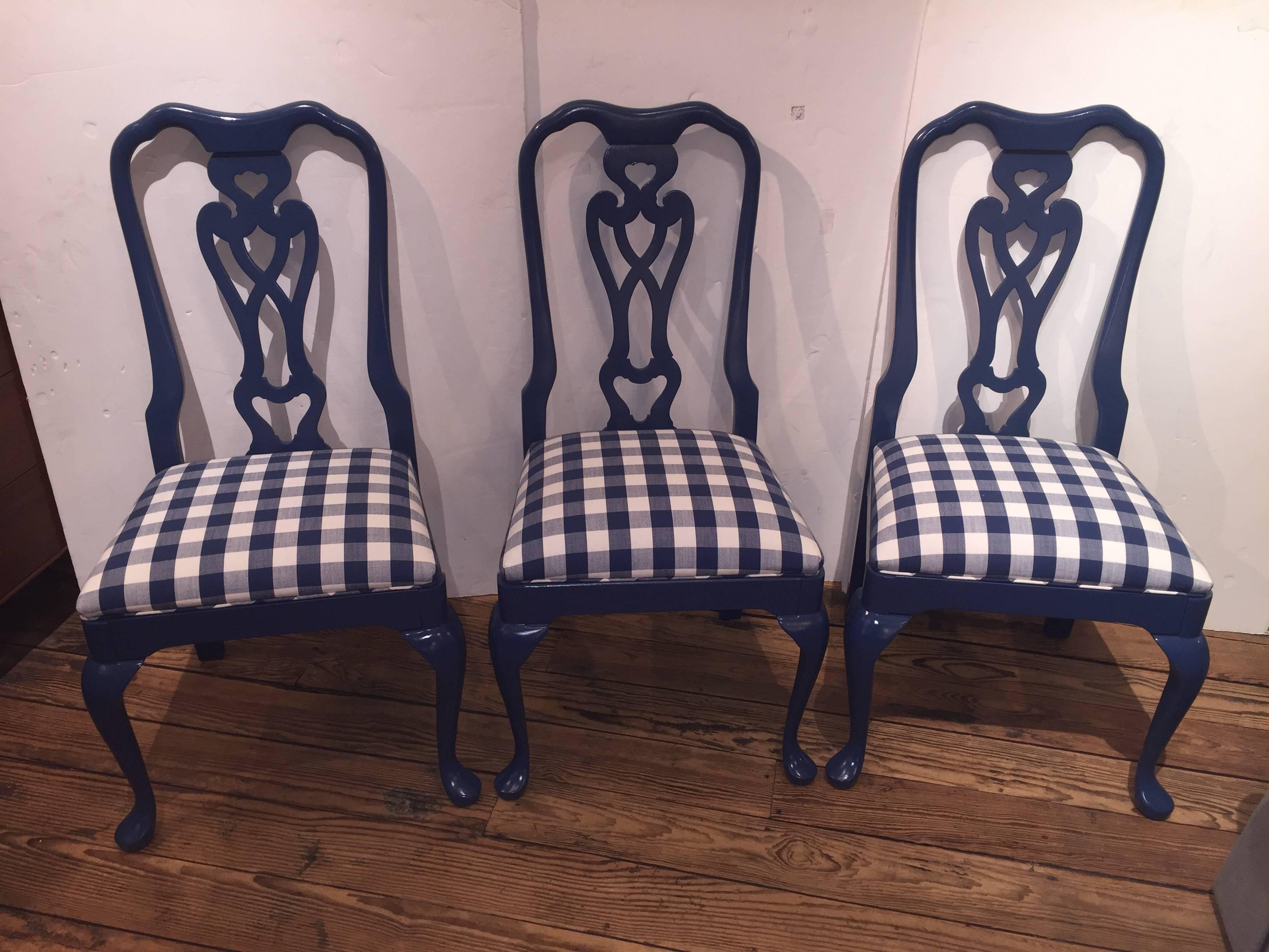 Wood Sensational Set of Six Lacquered and Gingham Upholstered Dining Chairs