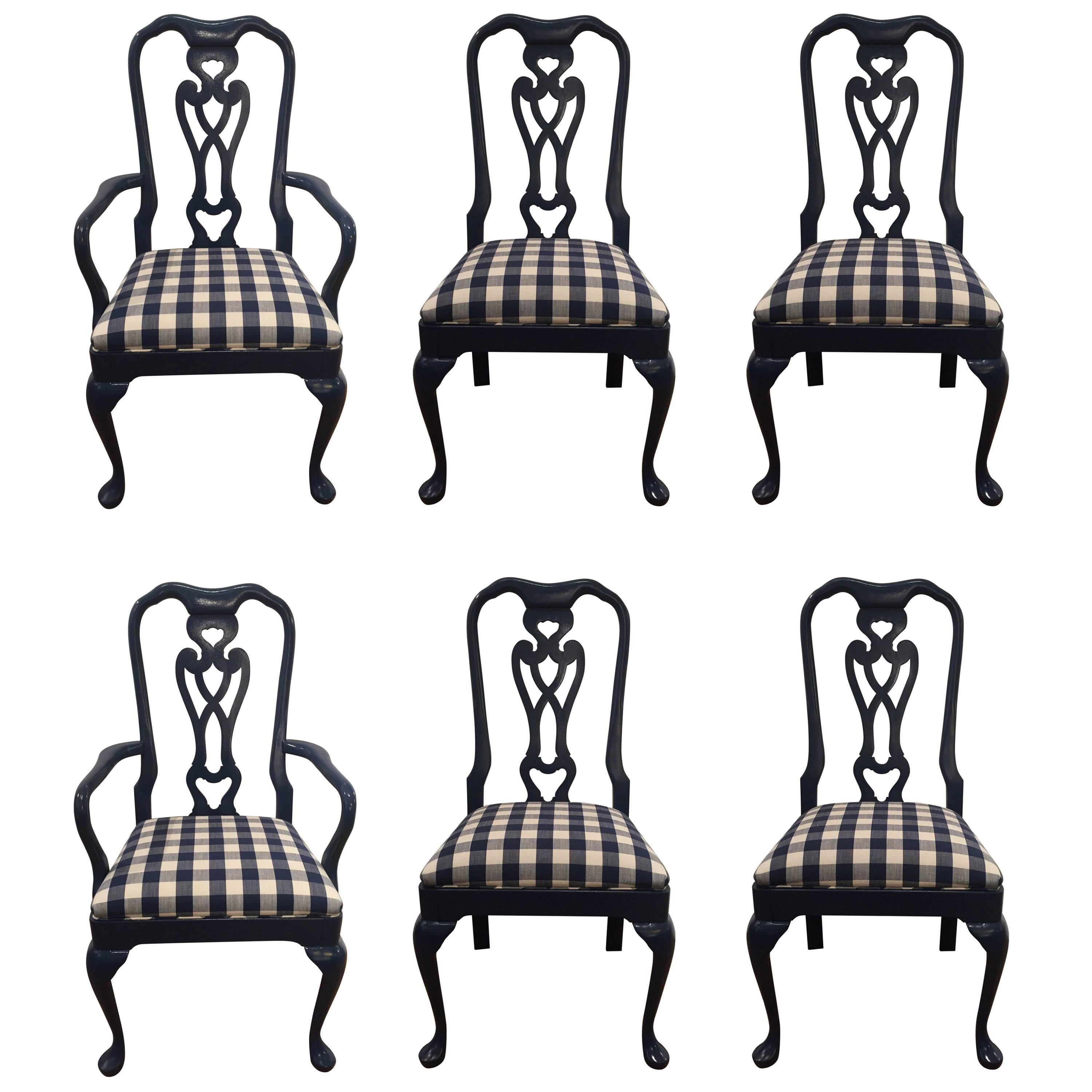 Sensational Set of Six Lacquered and Gingham Upholstered Dining Chairs