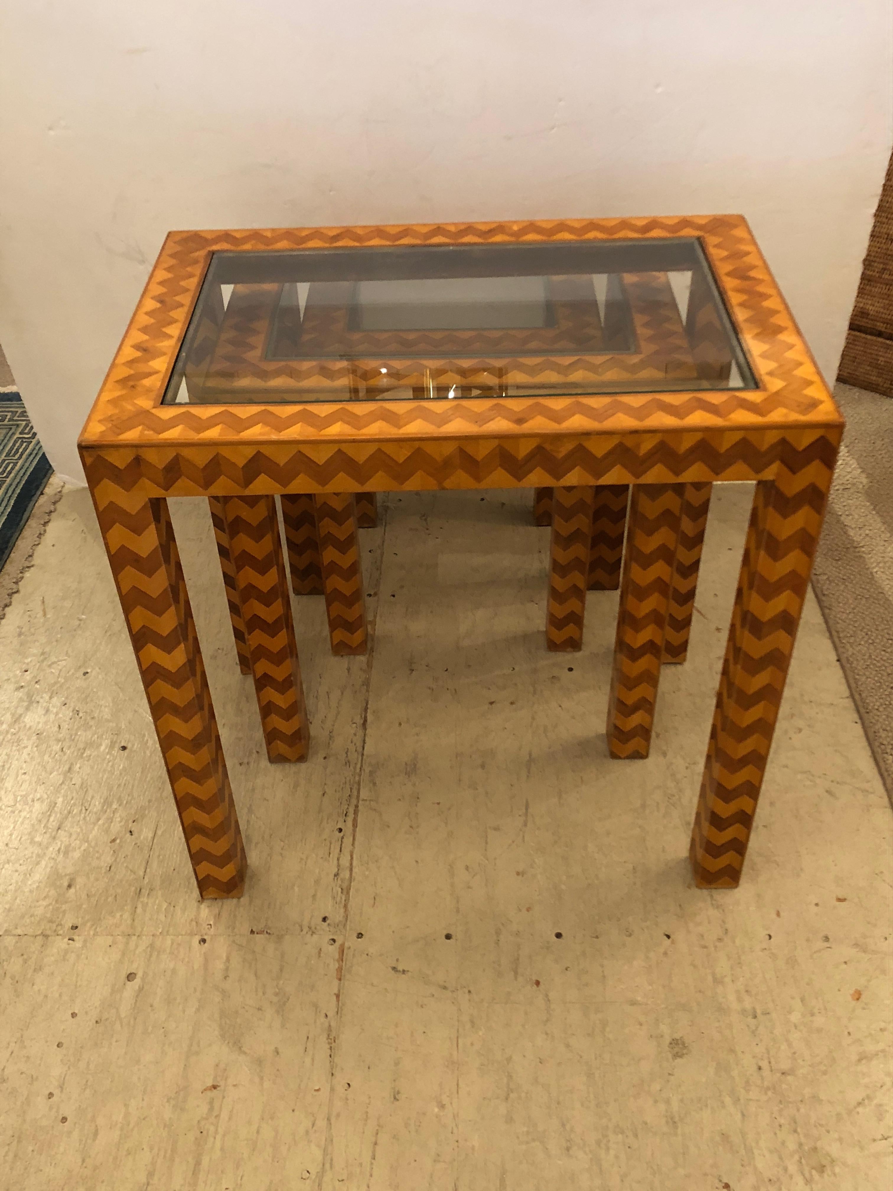 Sensational Trio of Italian Zig Zag Marquetry Mid-Century Modern Nesting Tables In Excellent Condition For Sale In Hopewell, NJ