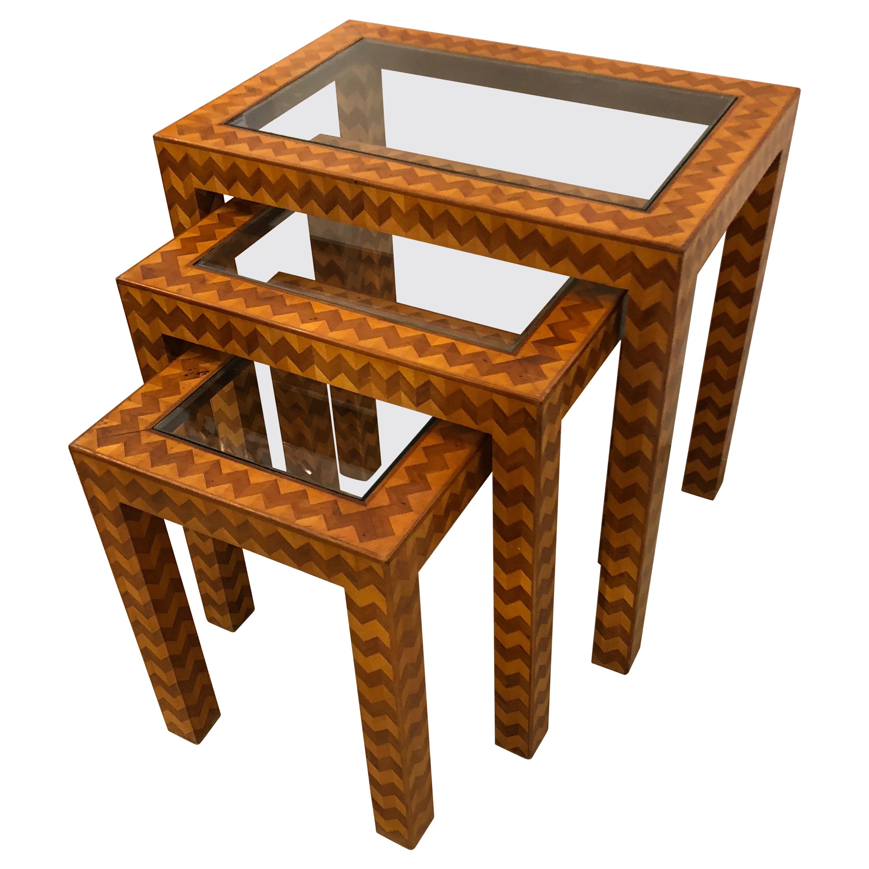 Sensational Trio of Italian Zig Zag Marquetry Mid-Century Modern Nesting Tables For Sale