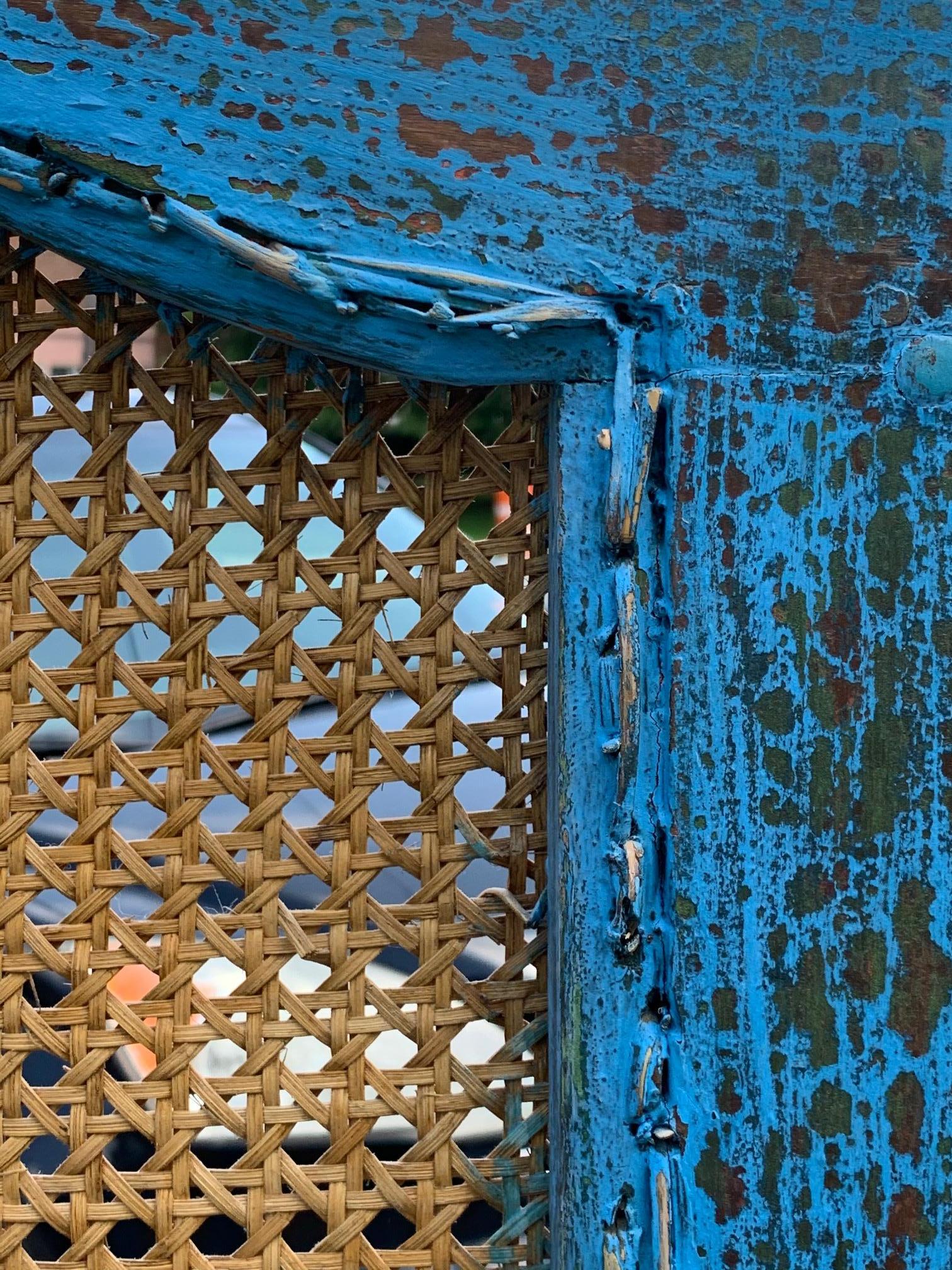 Sensational Turquoise Scrubbed Wood and Caned 3 Panel Screen For Sale 4