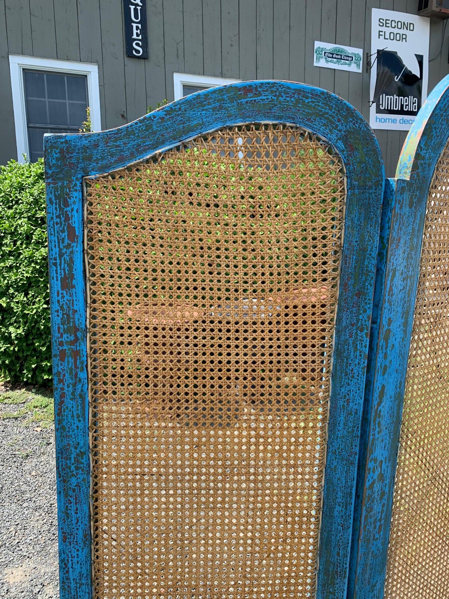 Mid-20th Century Sensational Turquoise Scrubbed Wood and Caned 3 Panel Screen For Sale