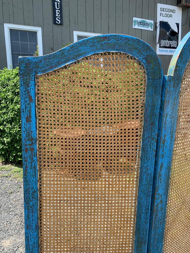 Sensational Turquoise Scrubbed Wood and Caned 3 Panel Screen For Sale ...