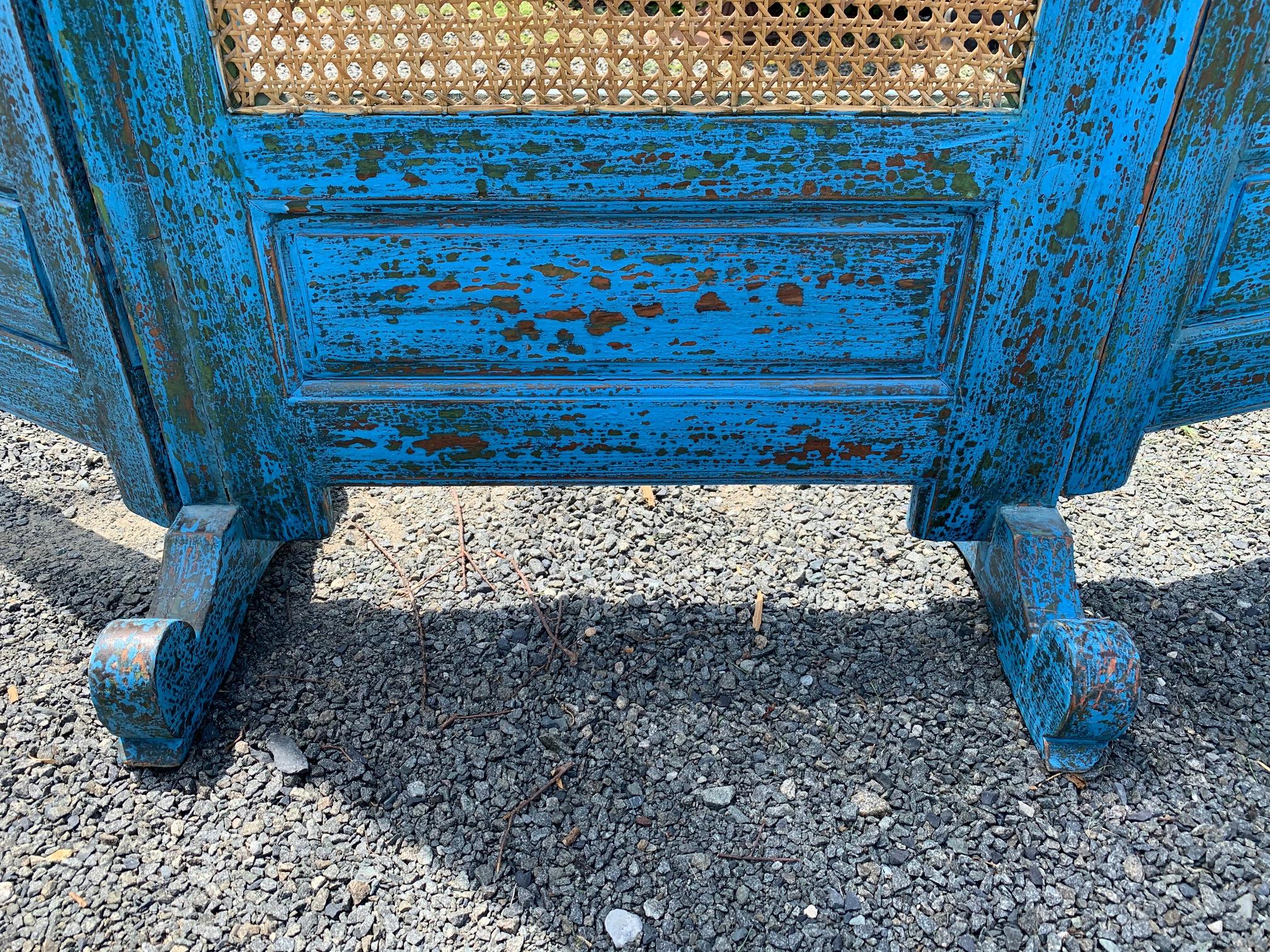 Sensational Turquoise Scrubbed Wood and Caned 3 Panel Screen For Sale 1