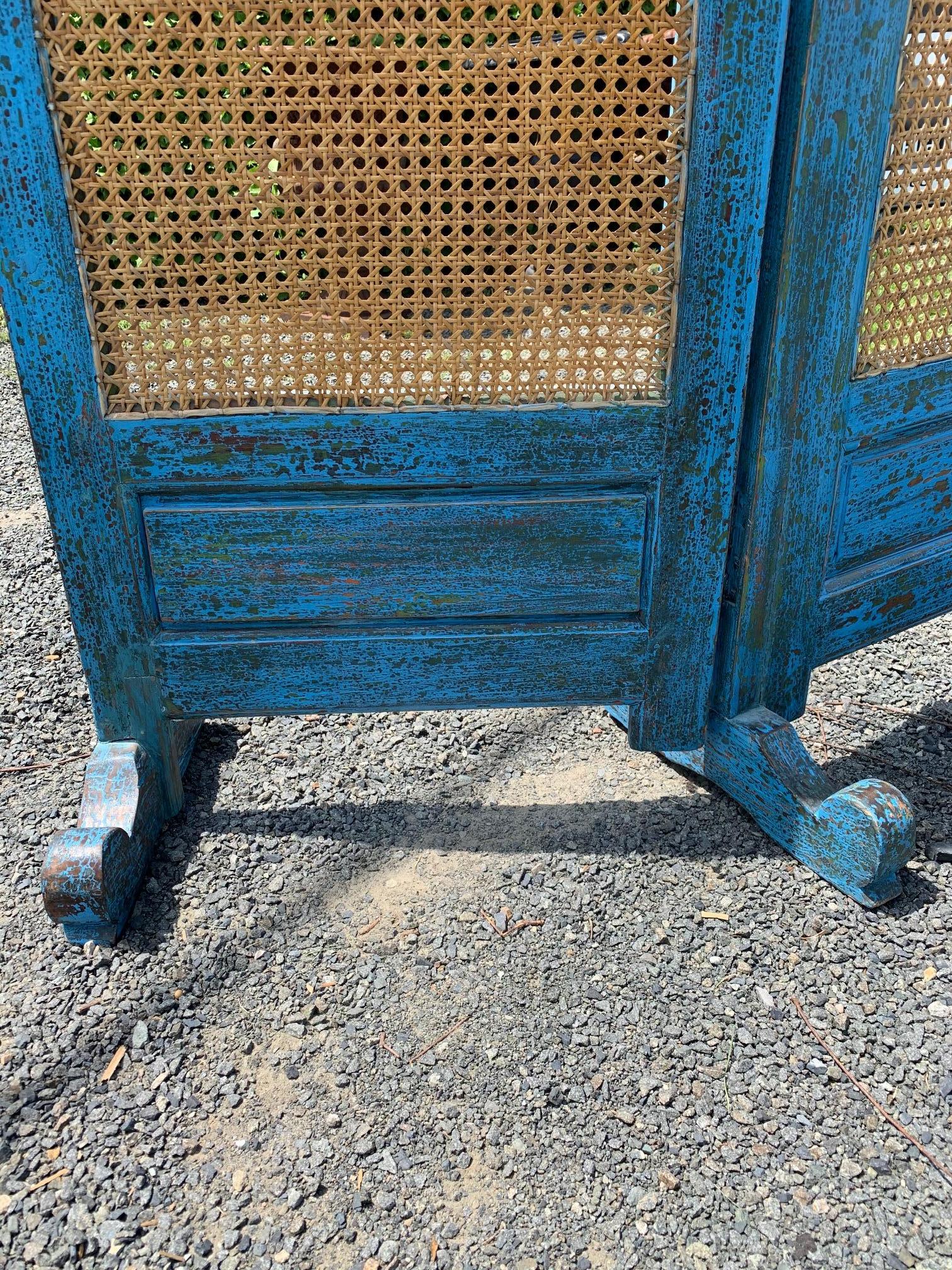 Sensational Turquoise Scrubbed Wood and Caned 3 Panel Screen For Sale 2