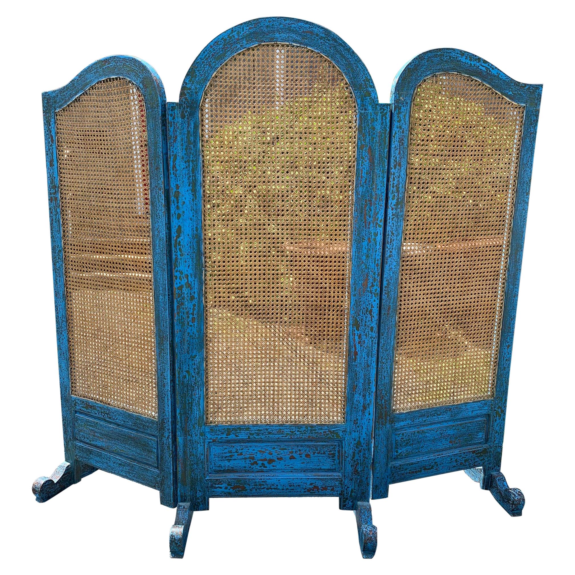 Sensational Turquoise Scrubbed Wood and Caned 3 Panel Screen For Sale