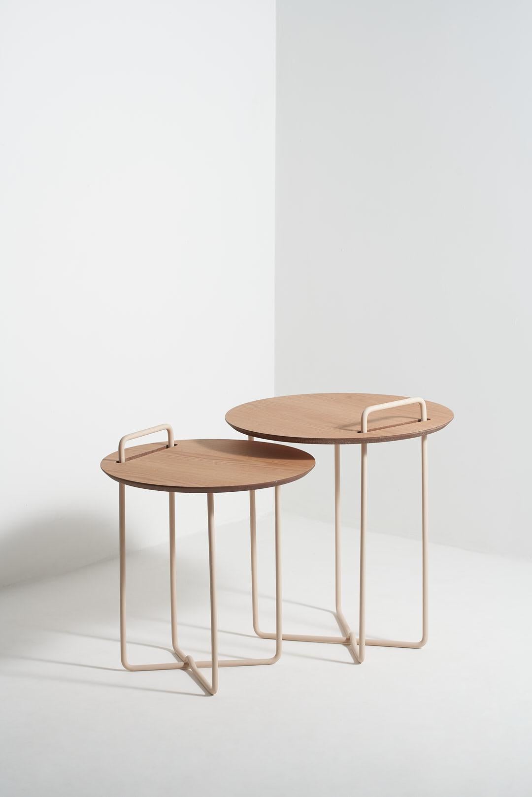 Minimalist Sense Due Collection, Wood and Steel American Oak Side Tables (Set of 2) For Sale