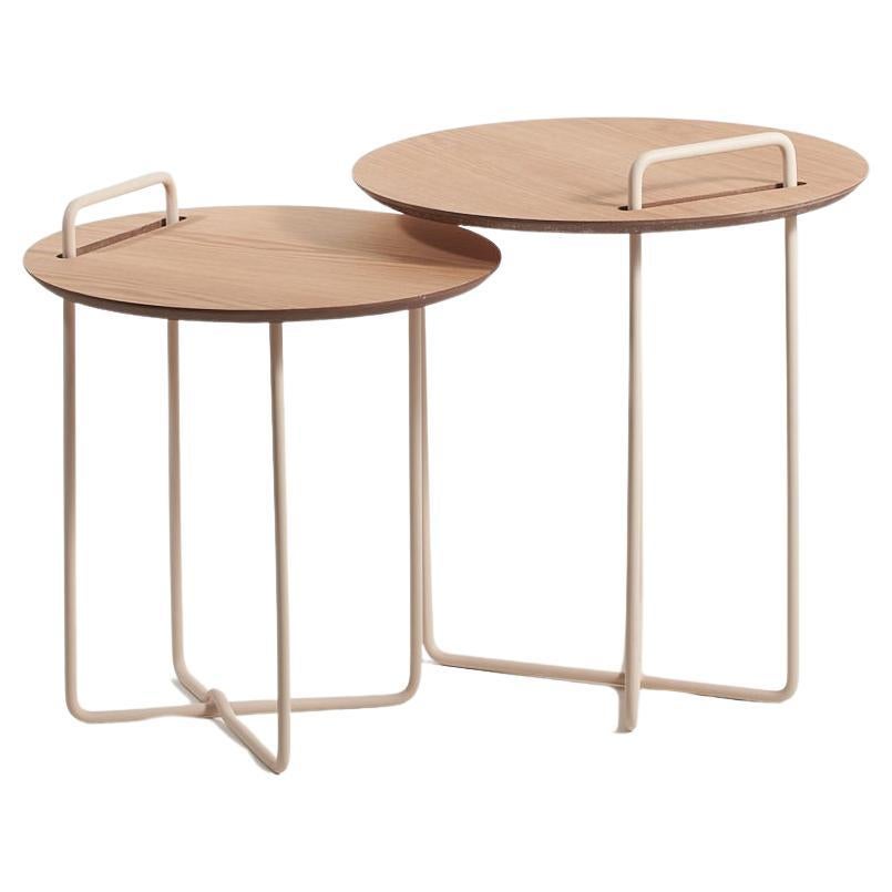 Sense Due Collection, Wood and Steel American Oak Side Tables (Set of 2) For Sale