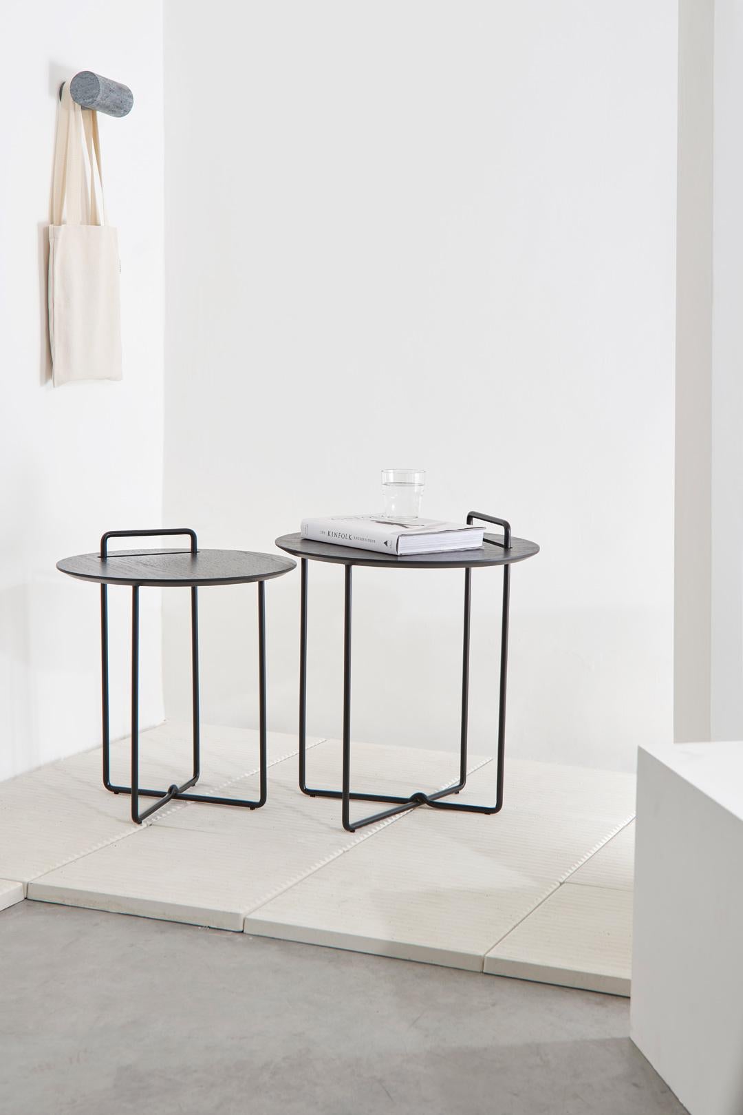 Minimalist Sense Due Collection, Wood and Steel Ebonized Side Tables (Set of 2) For Sale