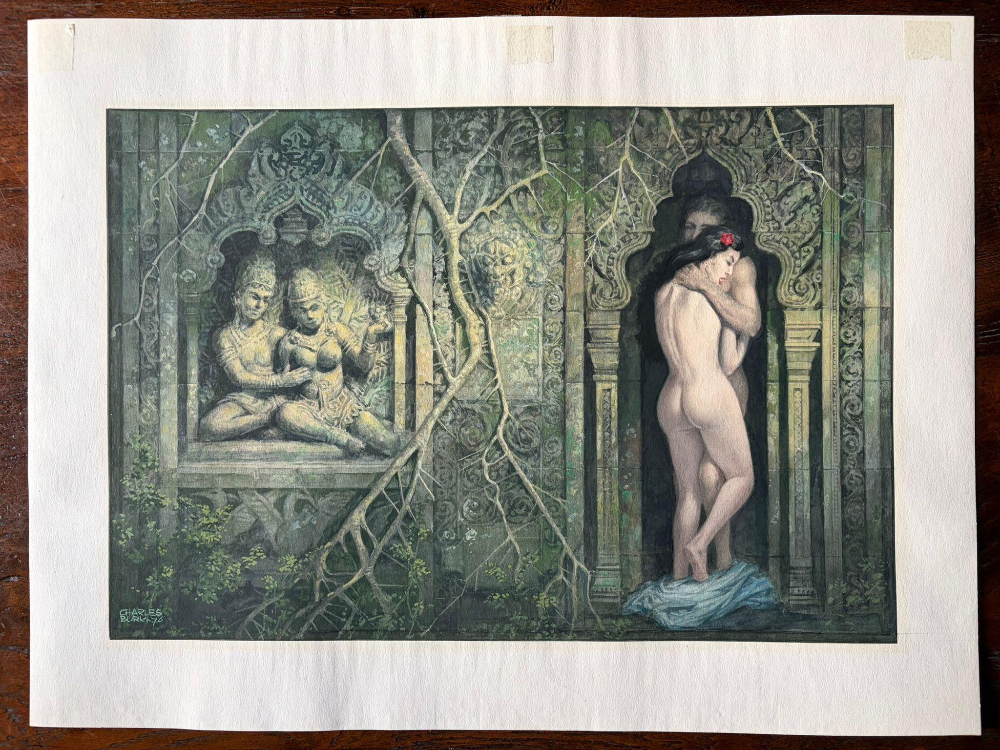 Sensual Embrace at an Ancient Temple – Original Gouache by Charles Burki, 1976

This evocative gouache painting by Charles Burki (1909–1994), signed and dated 1976, masterfully fuses sensuality, mythology, and the timeless decay of ancient