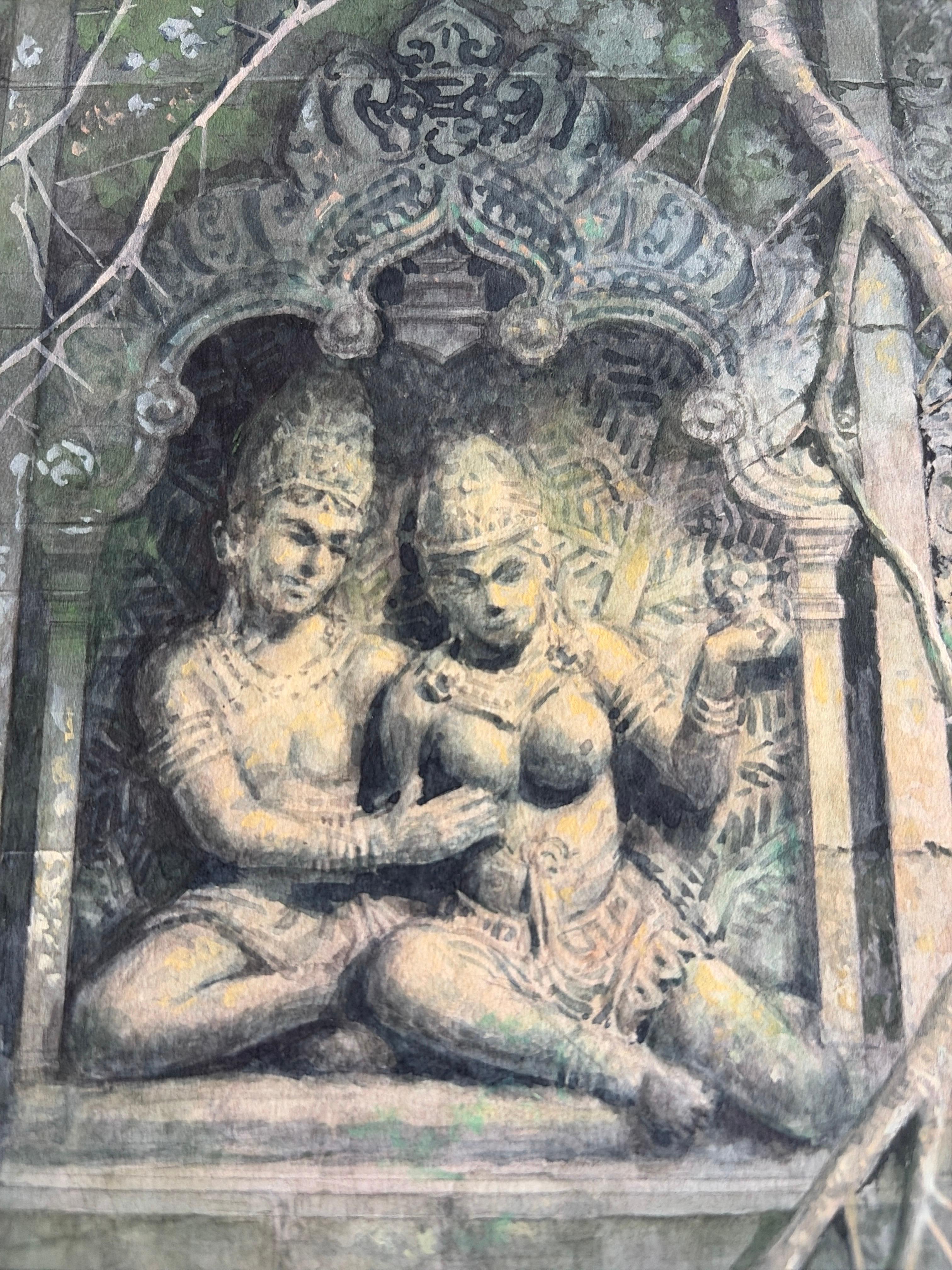 Dutch Sensual Embrace at an Ancient Temple – Original Gouache by Charles Burki, 1976 For Sale