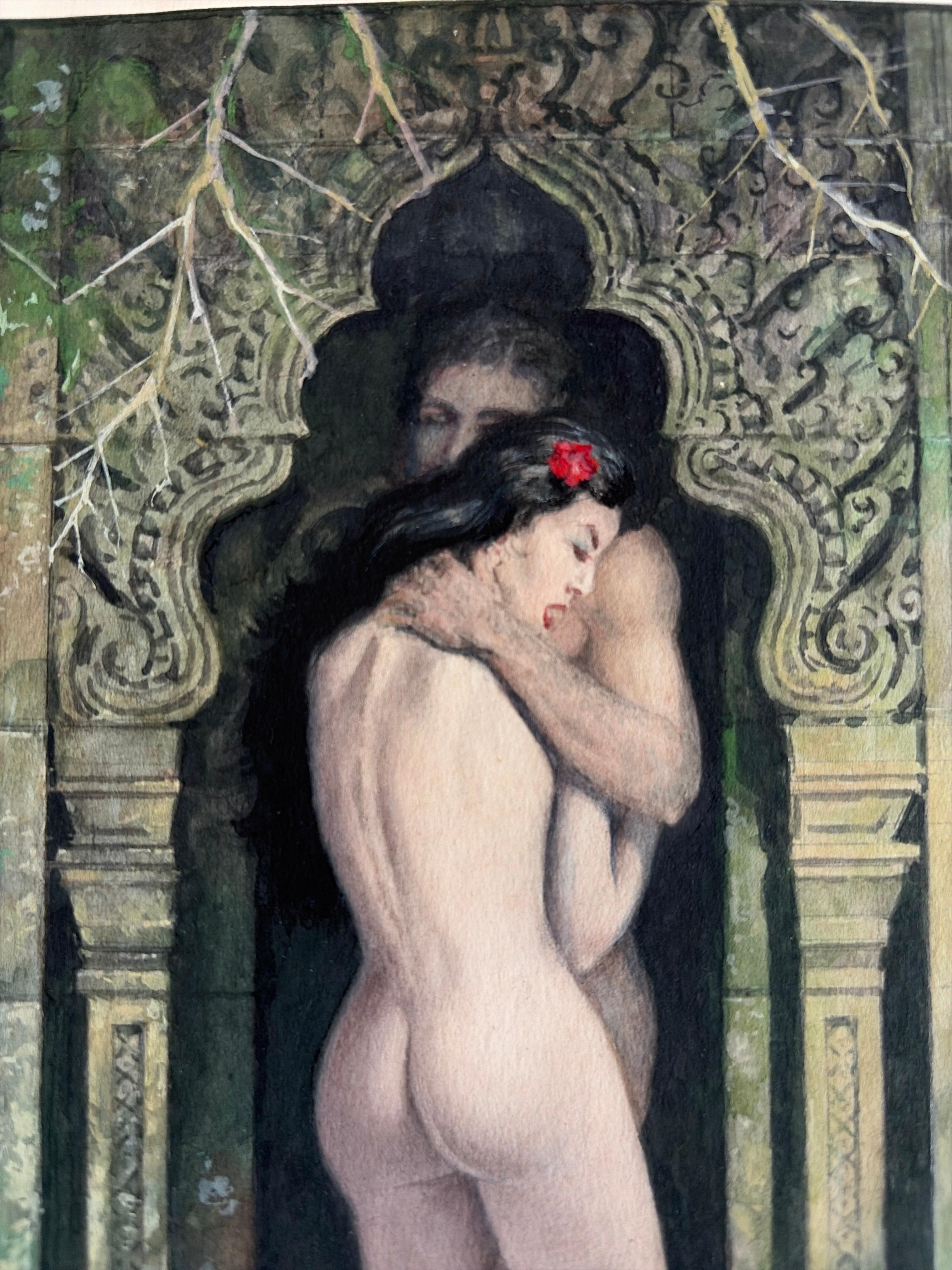 Sensual Embrace at an Ancient Temple – Original Gouache by Charles Burki, 1976 In Good Condition For Sale In Langweer, NL