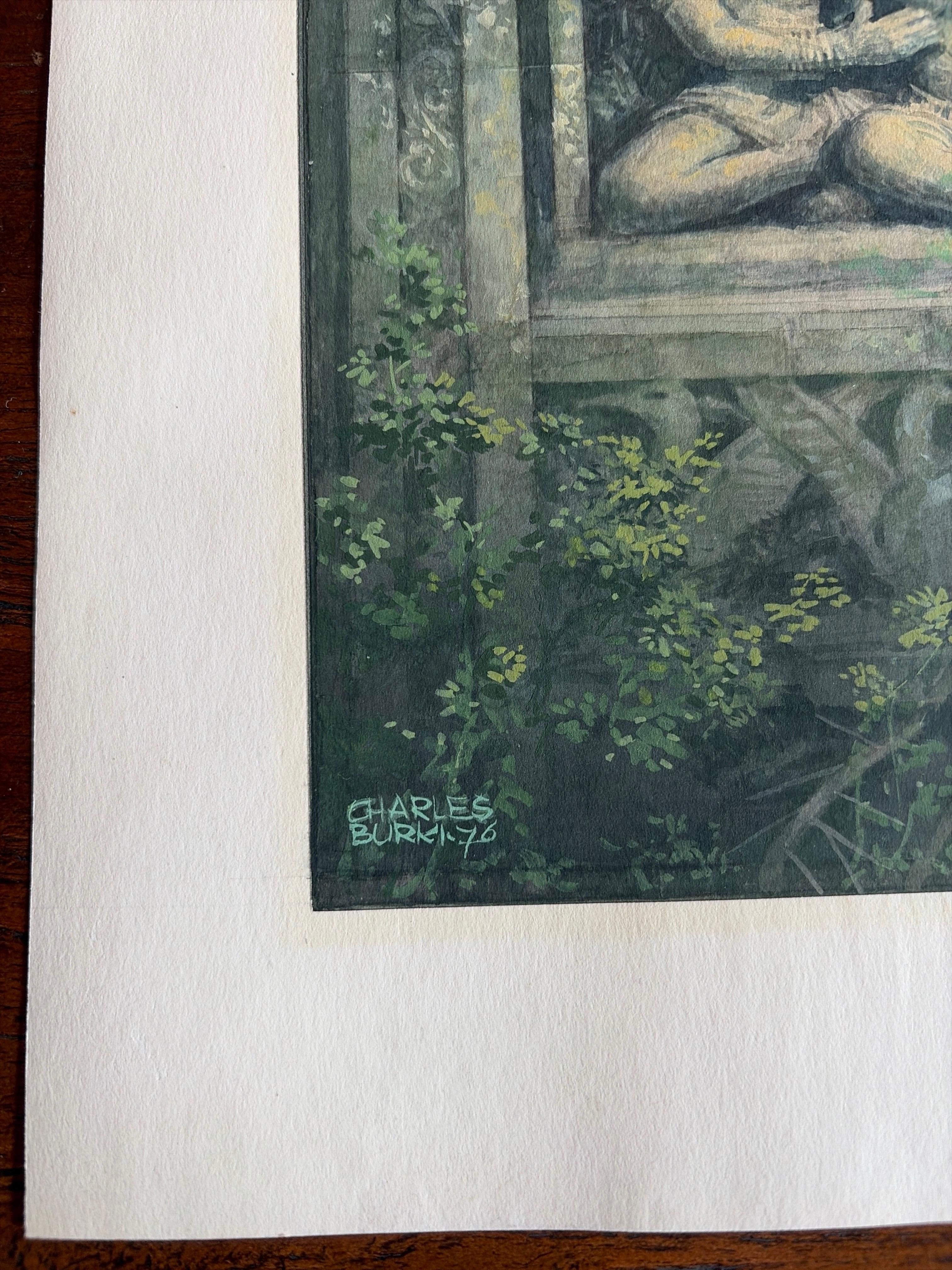 Late 20th Century Sensual Embrace at an Ancient Temple – Original Gouache by Charles Burki, 1976 For Sale