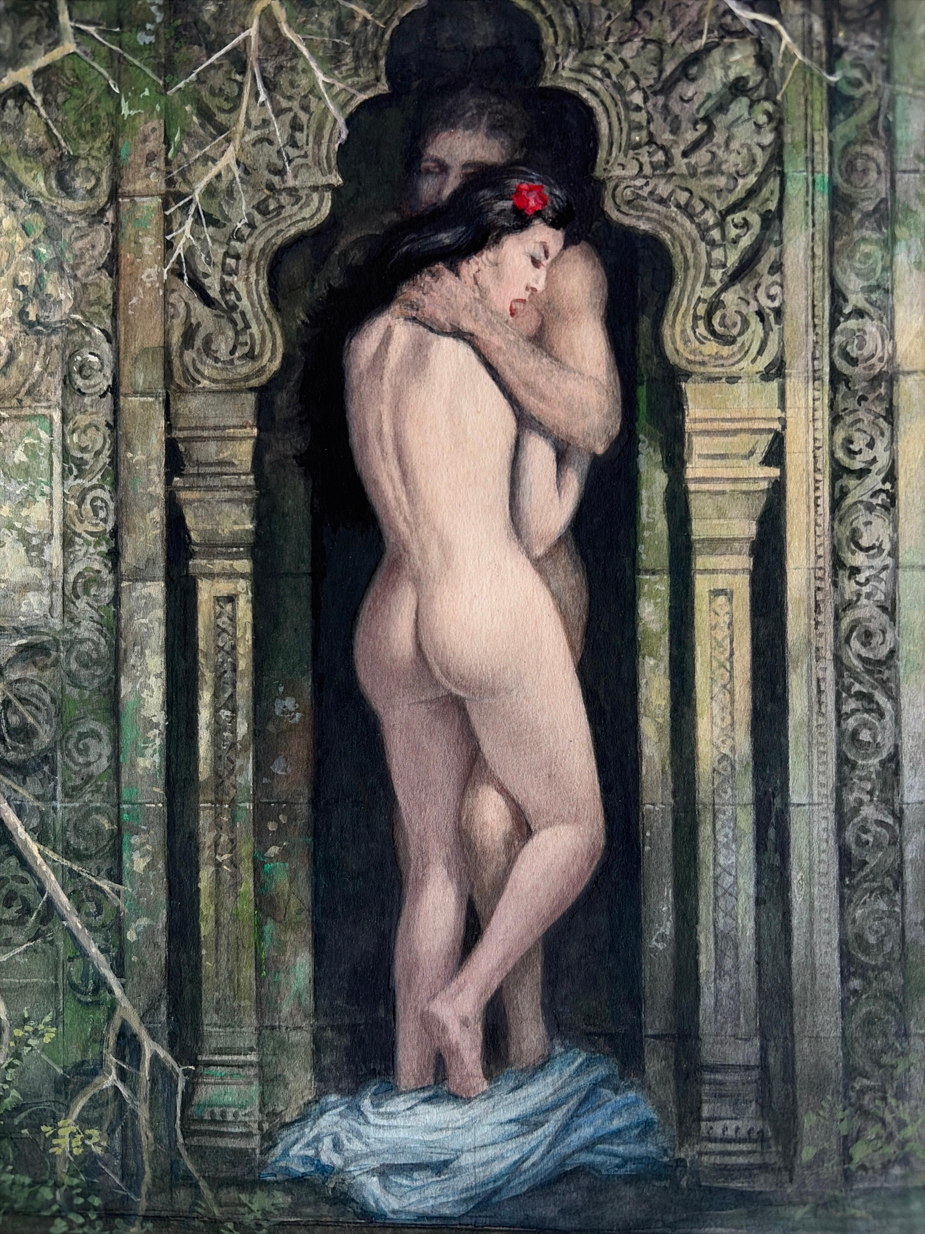 Paper Sensual Embrace at an Ancient Temple – Original Gouache by Charles Burki, 1976 For Sale