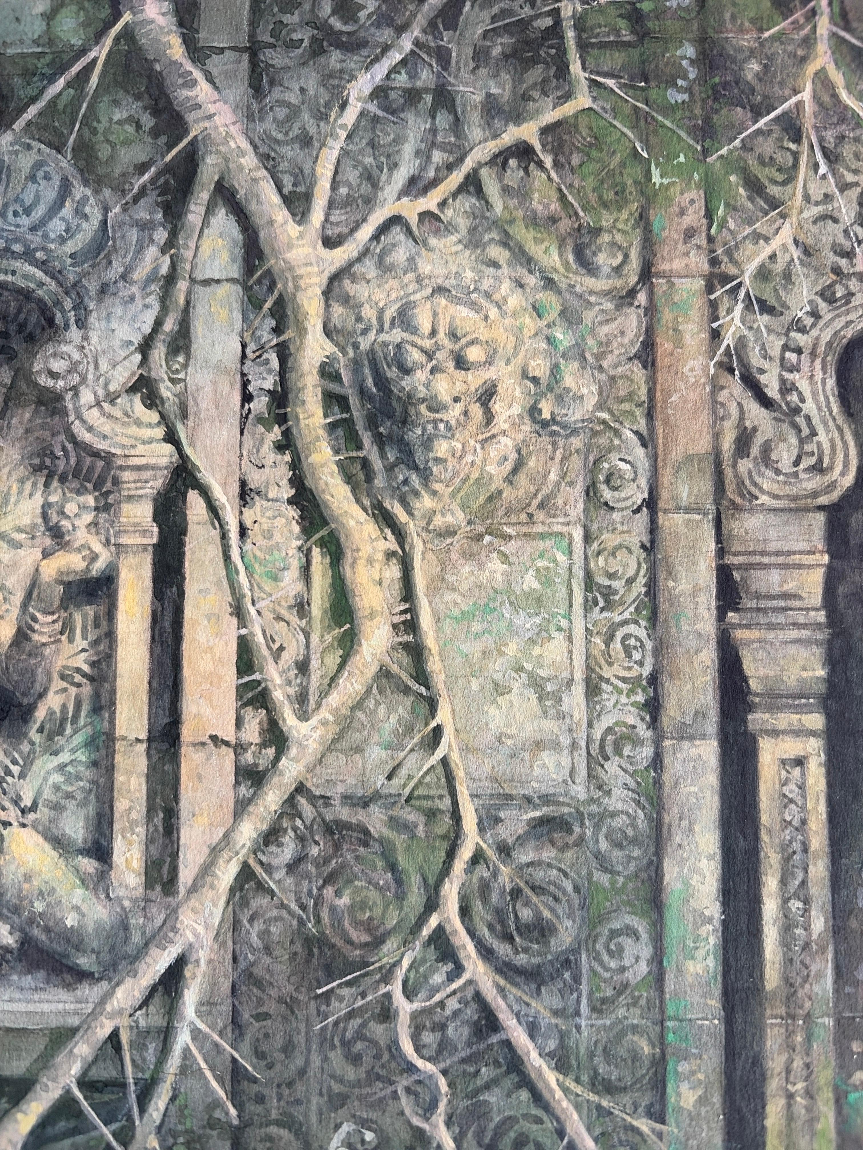 Sensual Embrace at an Ancient Temple – Original Gouache by Charles Burki, 1976 For Sale 1