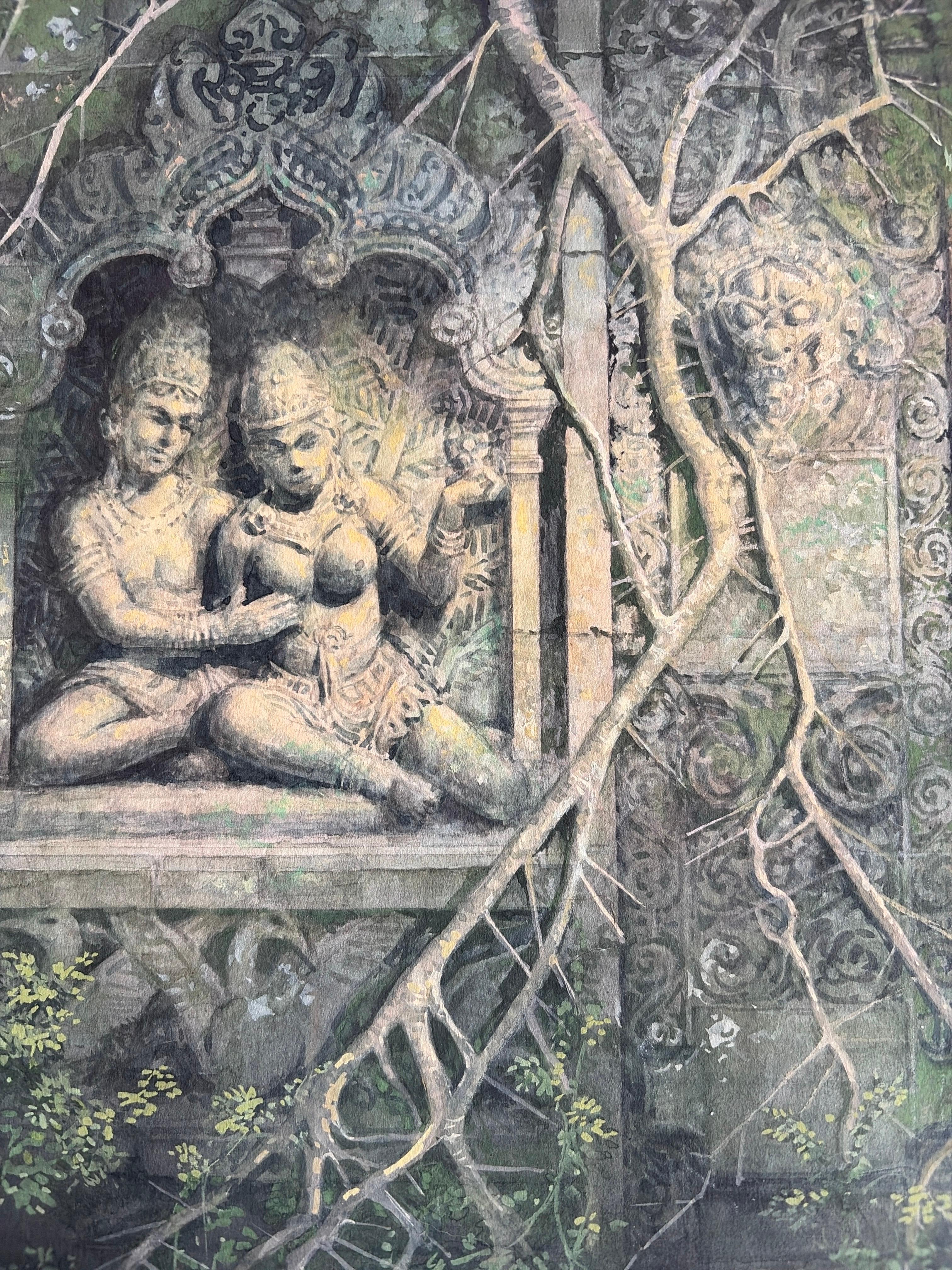 Sensual Embrace at an Ancient Temple – Original Gouache by Charles Burki, 1976 For Sale 2