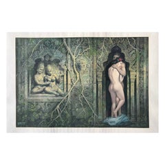 Sensual Embrace at an Ancient Temple – Original Gouache by Charles Burki, 1976