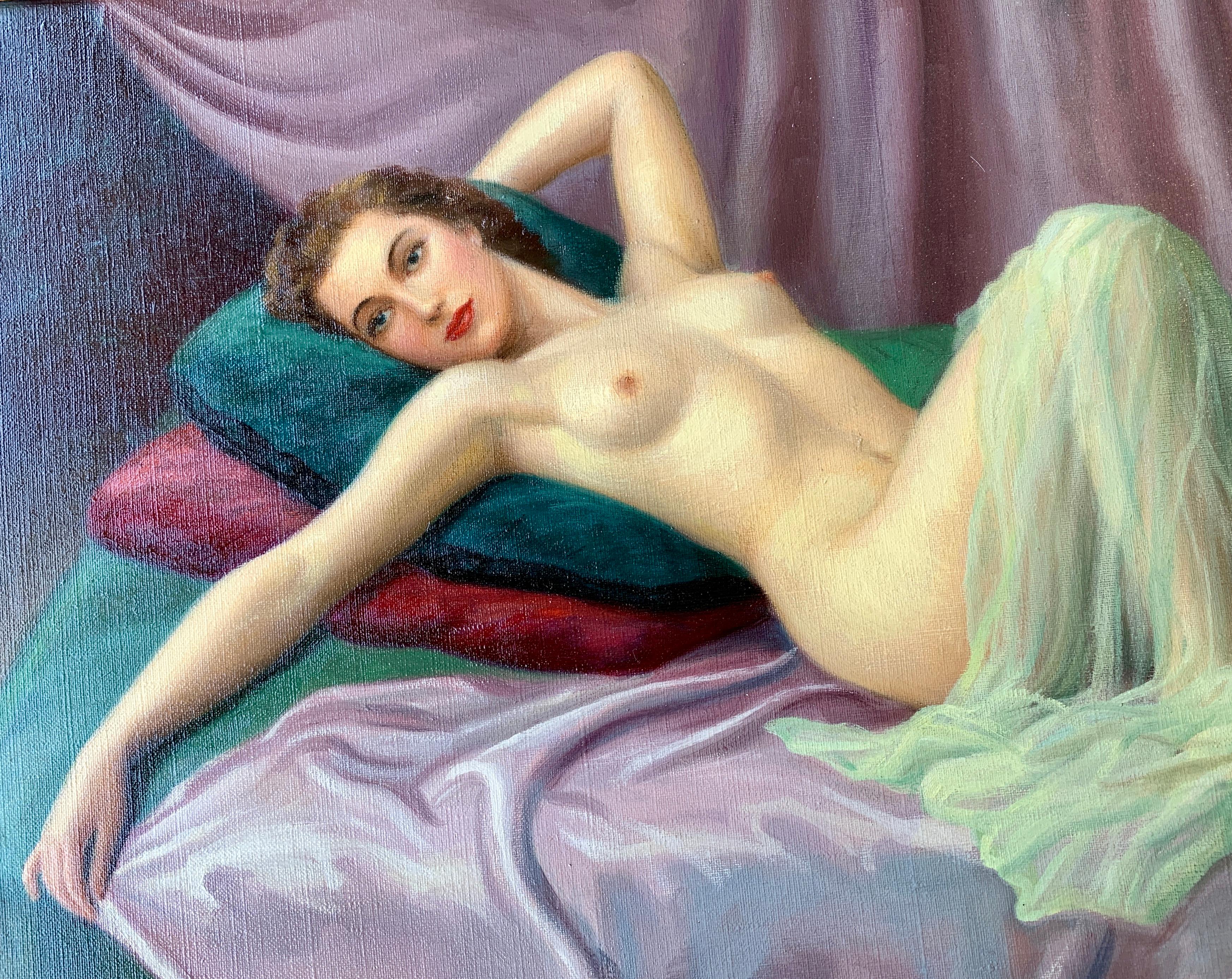 Exquisite and colorful original oil on canvas painting by 20th century French painter, Joan Mayor, from the 1940s, depicts a ravishing woman or pin-up girl with wavy brunette hair, sultry red lips and an expectant expression, lounging on a hunter
