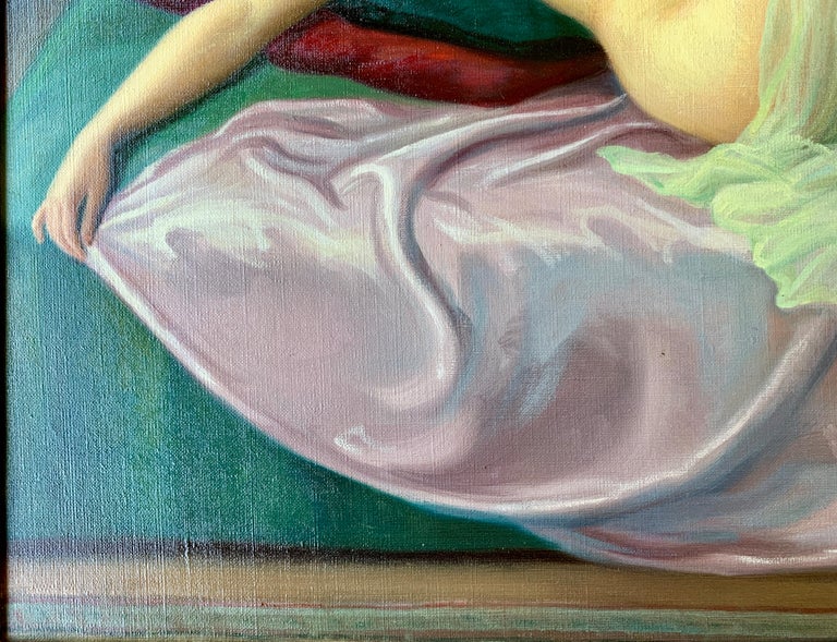 Sensual Original French Painting 1940s Reclining Nude Pin-Up Girl by Joan Mayor In Good Condition For Sale In Tustin, CA