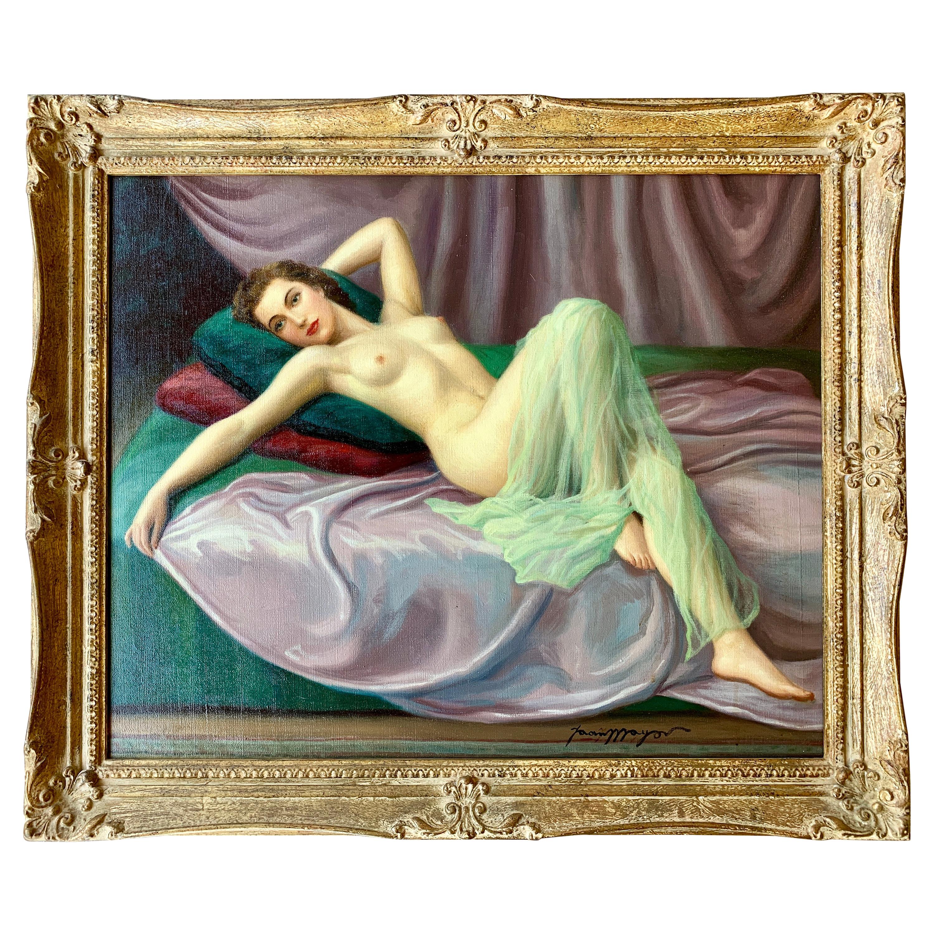 Peinture française originale des années 1940, Pin-Up Girl, nue couchée, de Joan Mayor