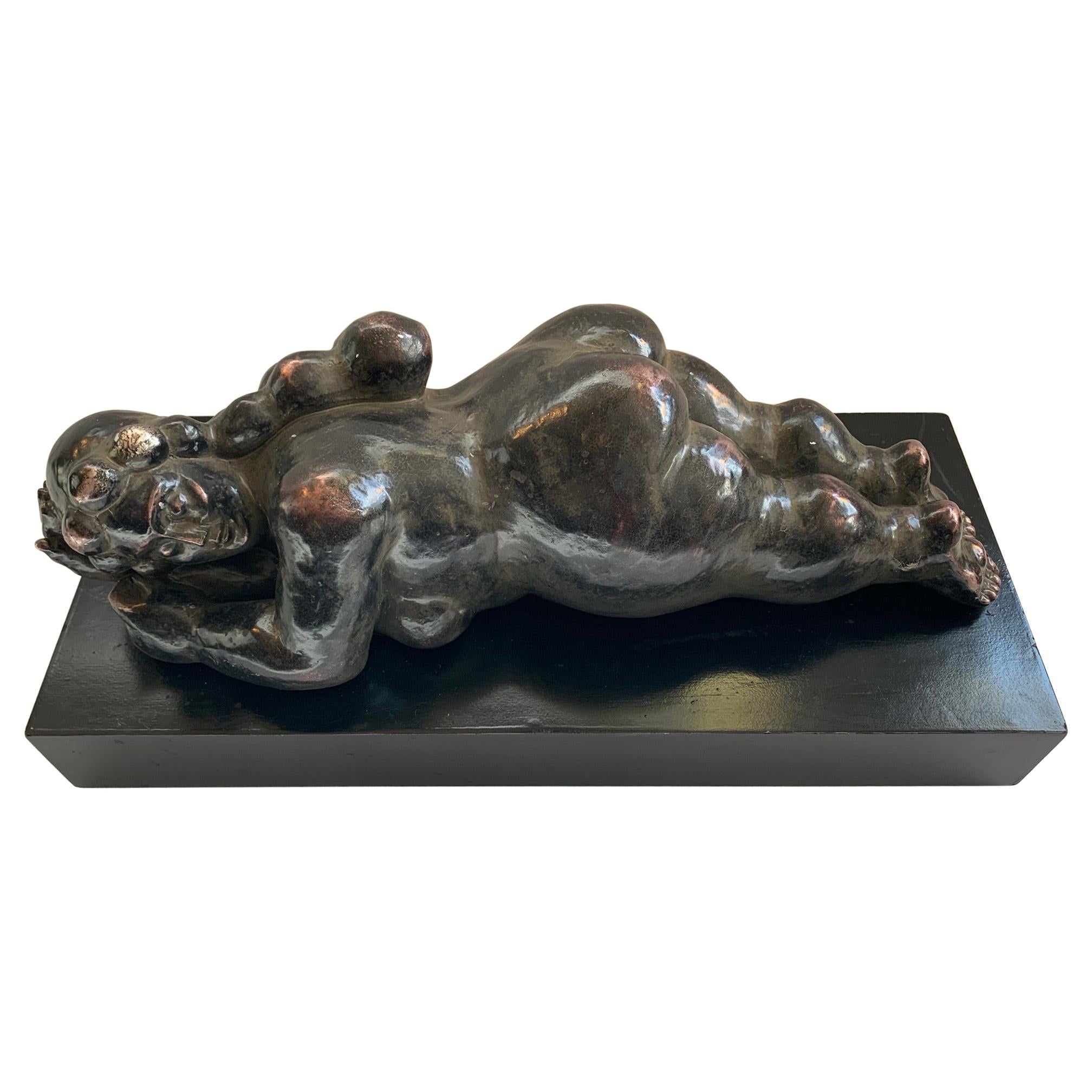 Sensual Reclining Nude Tabletop Sculpture in Style of Botero