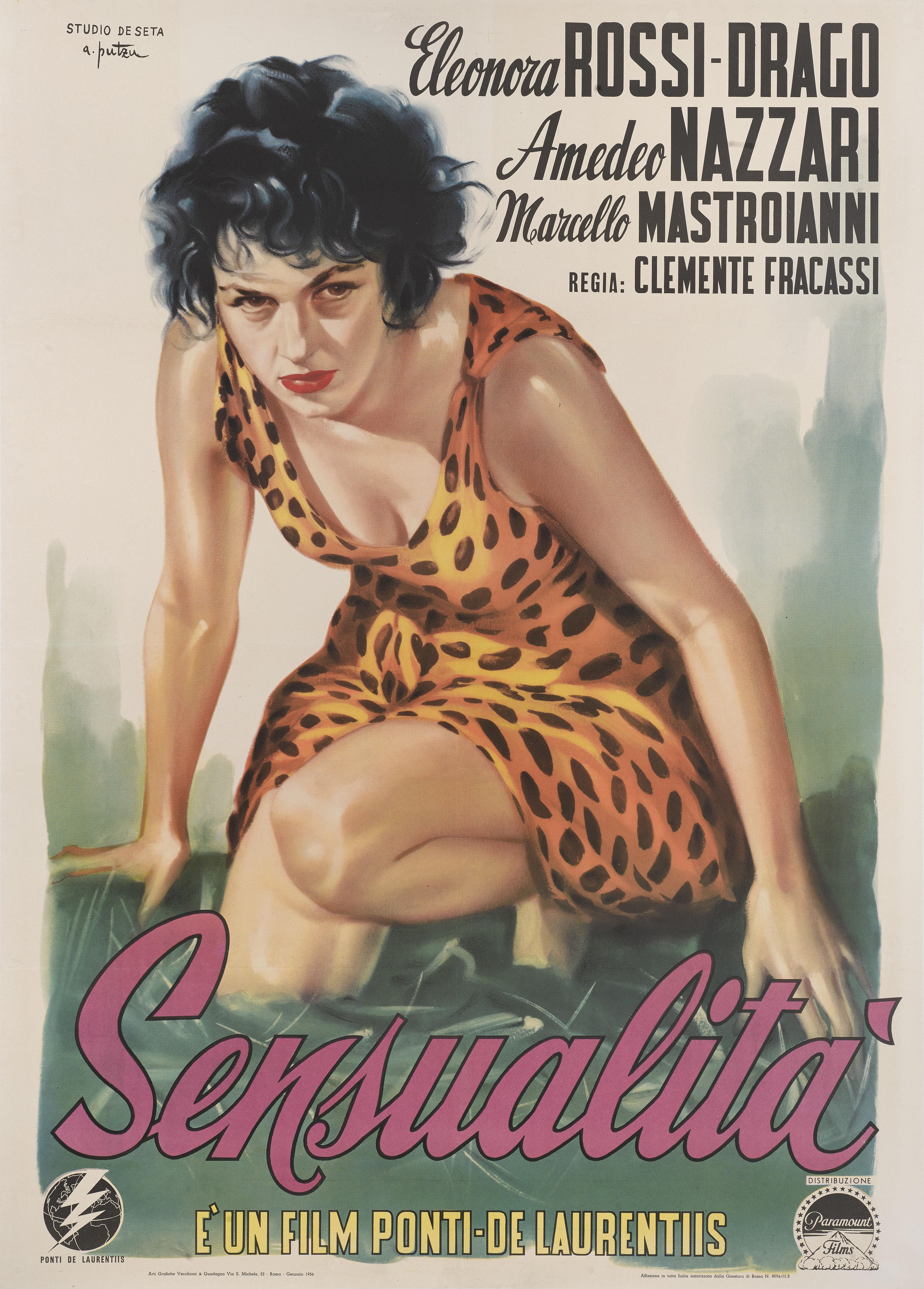 This is an extremely rare original Italian film poster for the 1952 film Sensualita 
This film starred Marcello Mastroianni. Eleonora Rossi Drago and Amedeo Nazzari. The film was directed by Clemente Fracassi.
The art work on this poster is by
